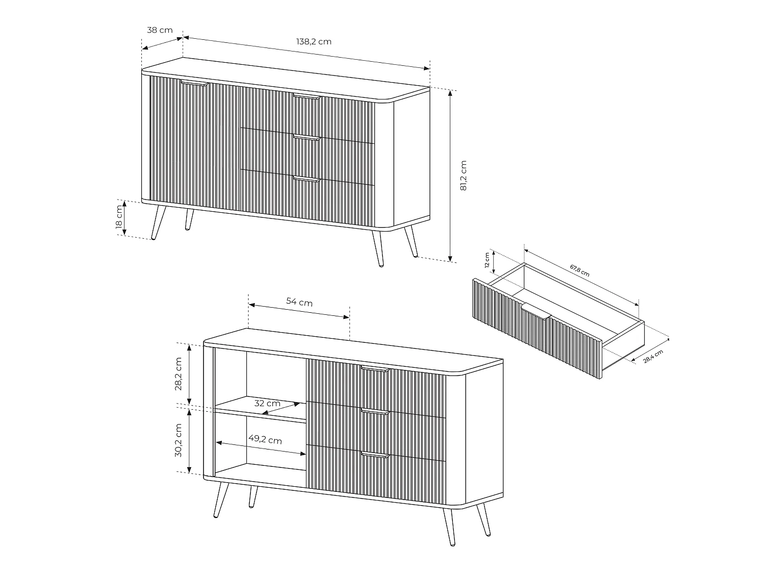 Commode : 3 Tiroirs, 1 Porte, Beige, 138,2 x 38 x 81,2 cm