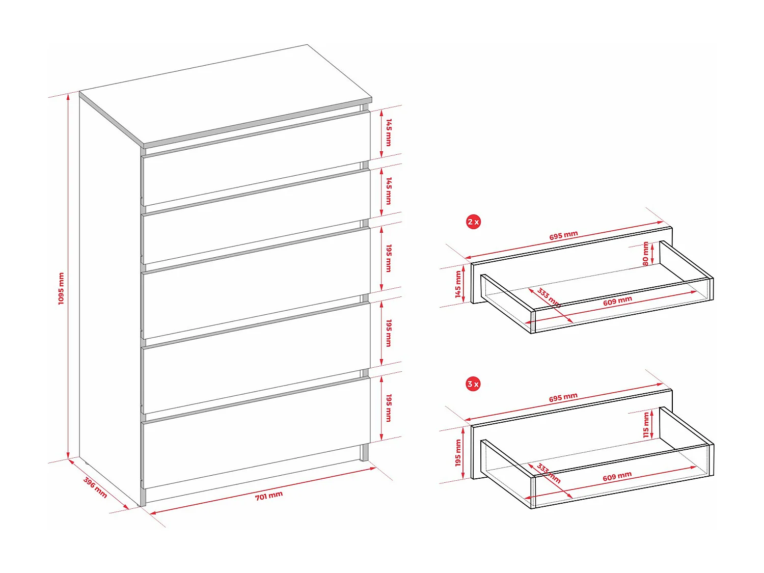 Cómoda: 5 cajones, arcilla, 40 x 101 x 70 cm