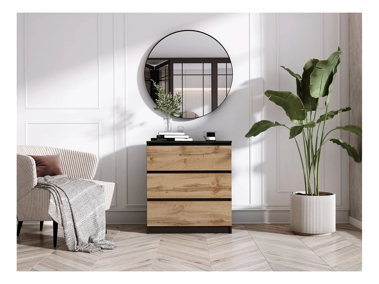 Kommode mit 3 Schubladen: Mattschwarz / Wotan-Eiche, 70 x 39 x 79 cm