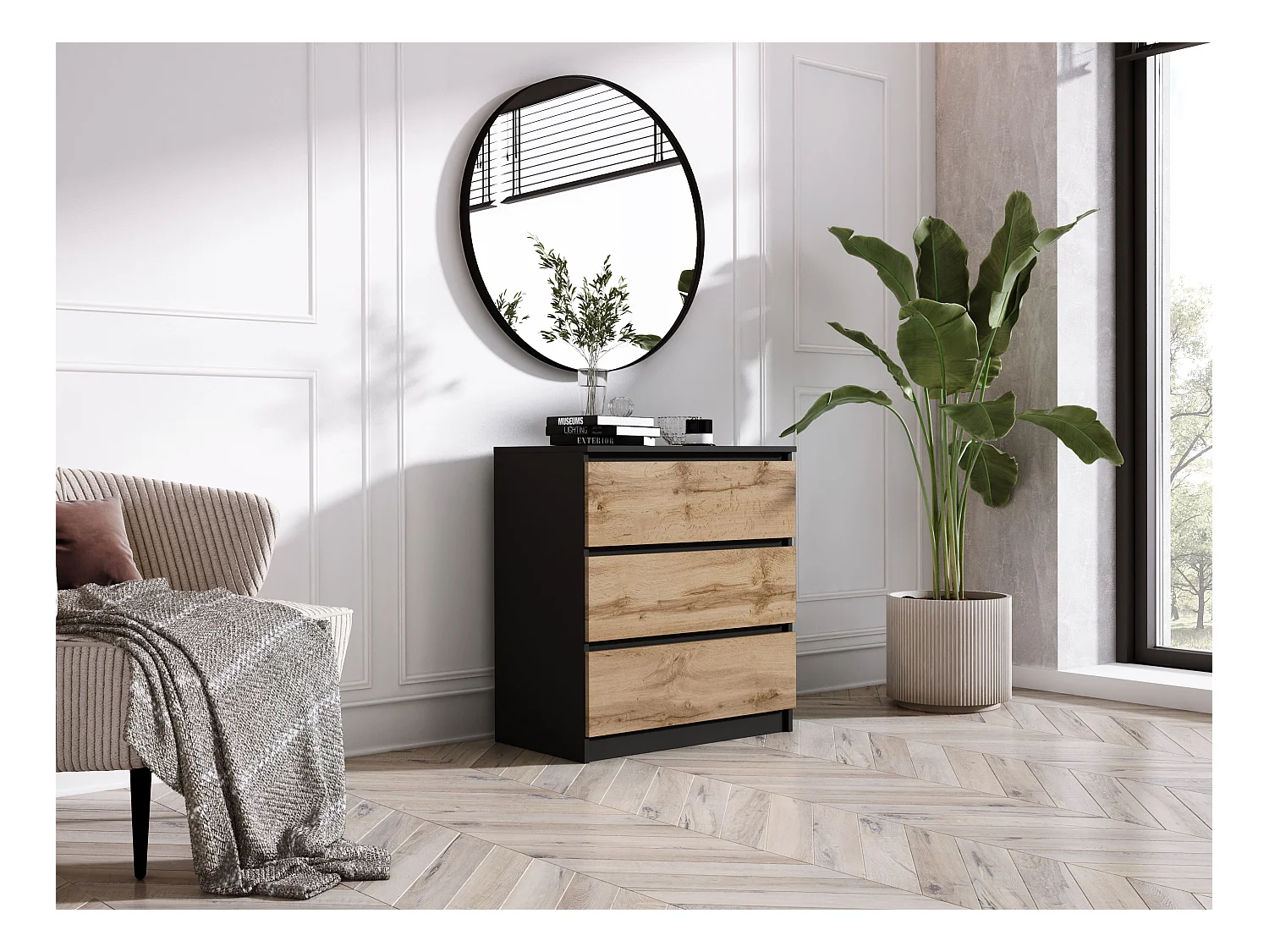 Commode 3 Tiroirs : Noir Mat / Chêne Wotan, 70 x 39 x 79 cm