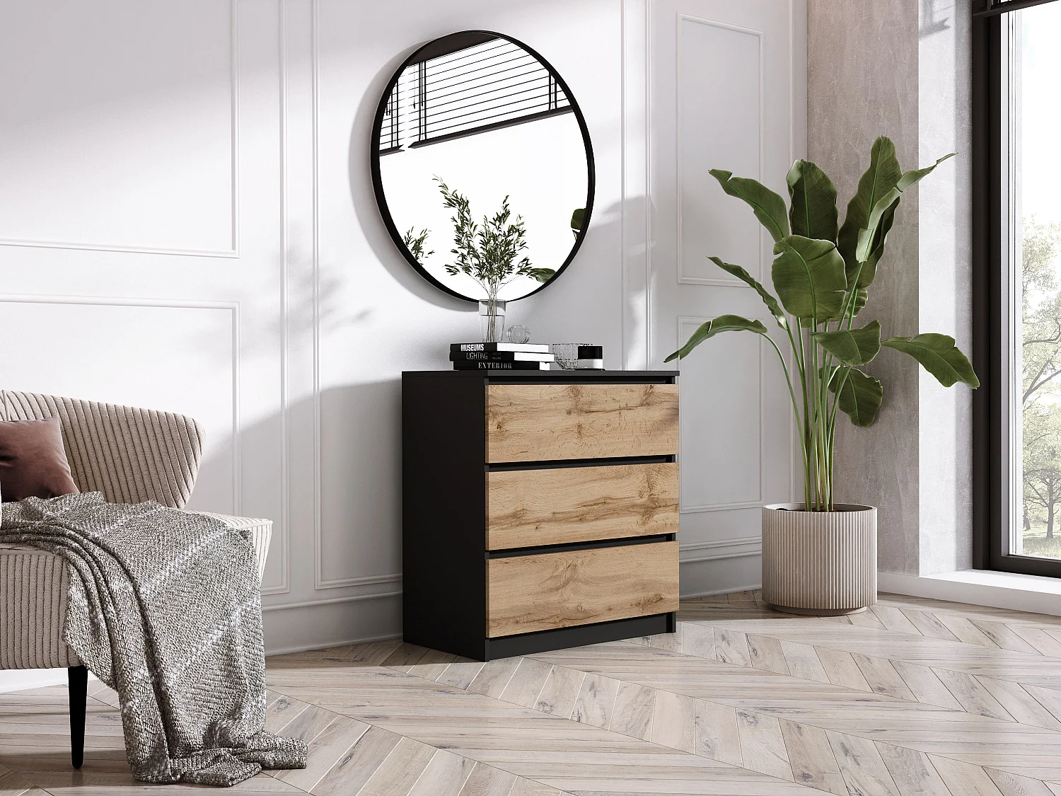 Commode 3 Tiroirs : Noir Mat / Chêne Wotan, 70 x 39 x 79 cm