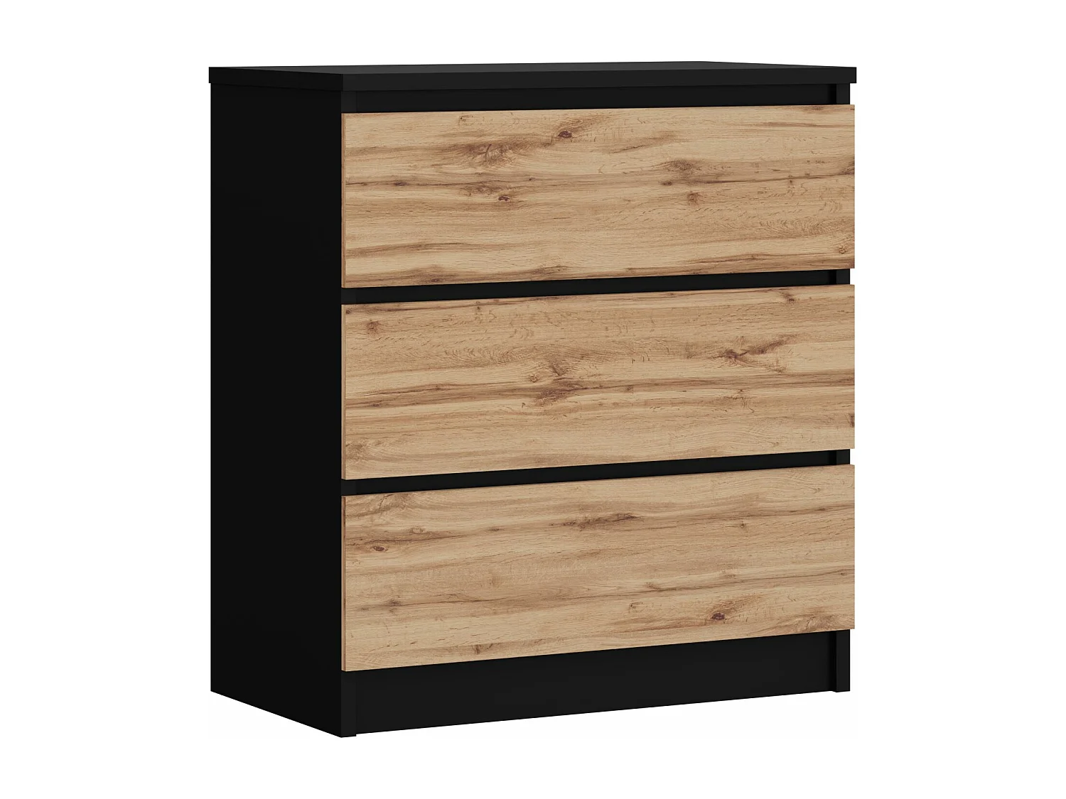 Commode 3 Tiroirs : Noir Mat / Chêne Wotan, 70 x 39 x 79 cm
