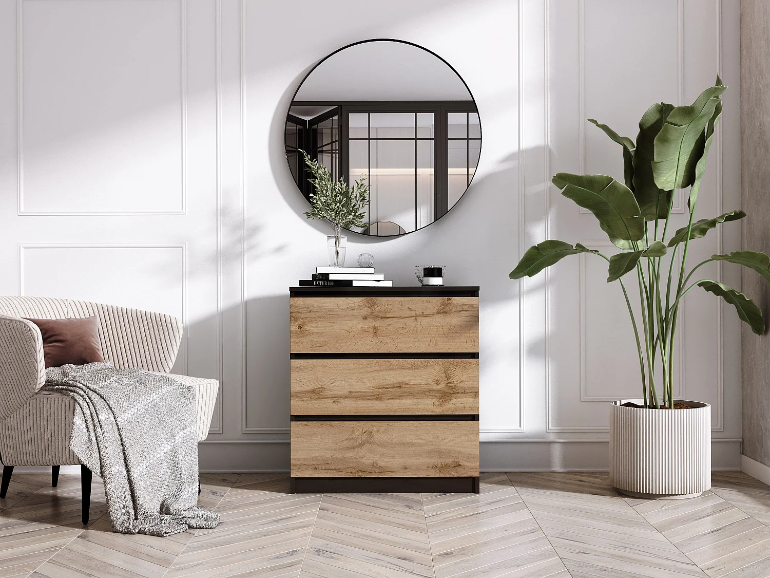 Commode 3 Tiroirs : Noir Mat / Chêne Wotan, 70 x 39 x 79 cm