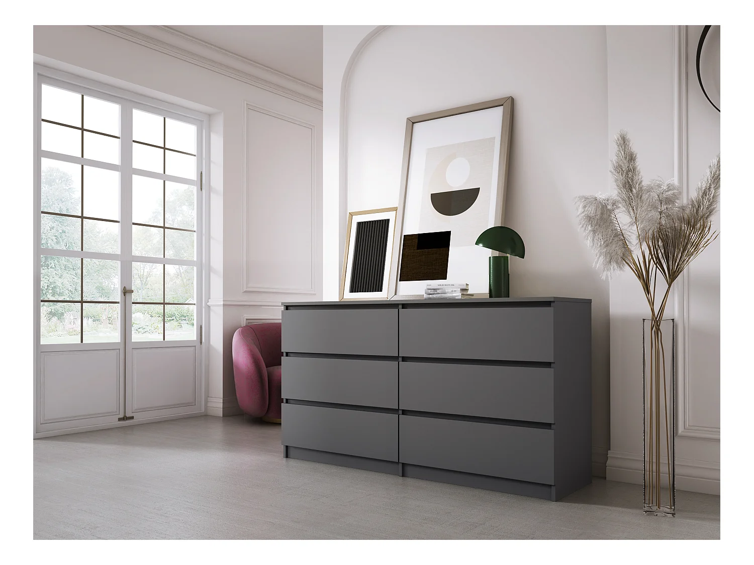 Commode 6 Tiroirs : Anthracite, 138 x 39 x 79 cm