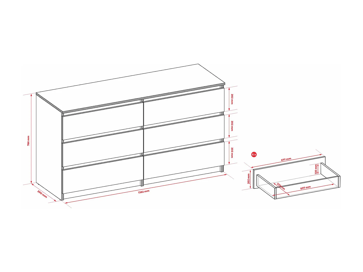 Commode 6 Tiroirs : Anthracite, 138 x 39 x 79 cm