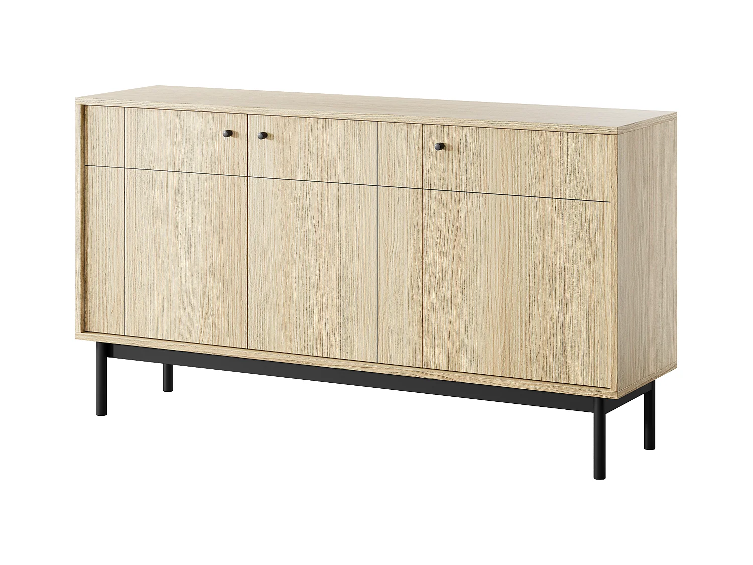 Kommode: 3 Türen, 6 Regale, Linea-Eiche, schwarze Füße, 153,5 x 83,5 x 39 cm