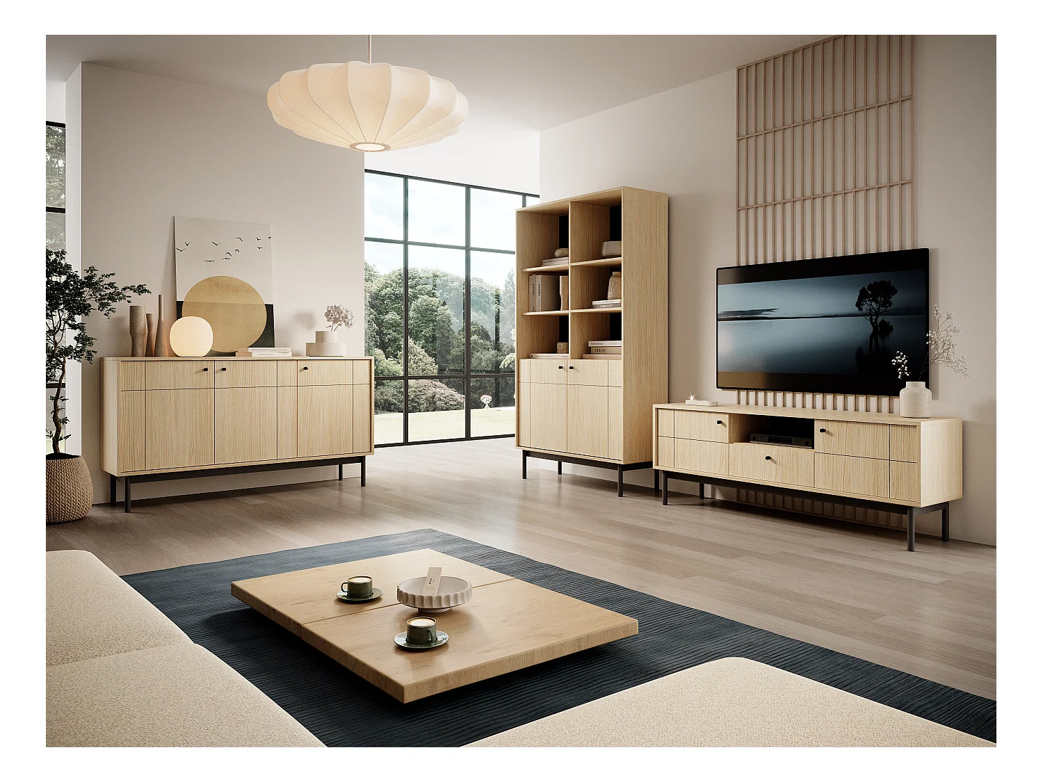 Kommode: 3 Türen, 6 Regale, Linea-Eiche, schwarze Füße, 153,5 x 83,5 x 39 cm