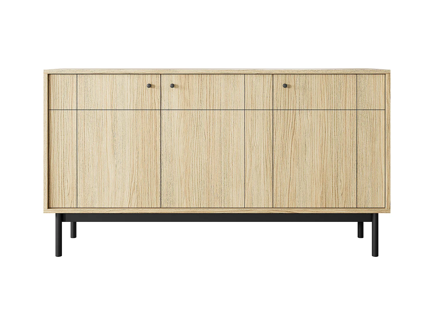 Commode : 3 Portes, 6 Étagères, Chêne Linea, Pieds Noir, 153,5 x 83,5 x 39 cm