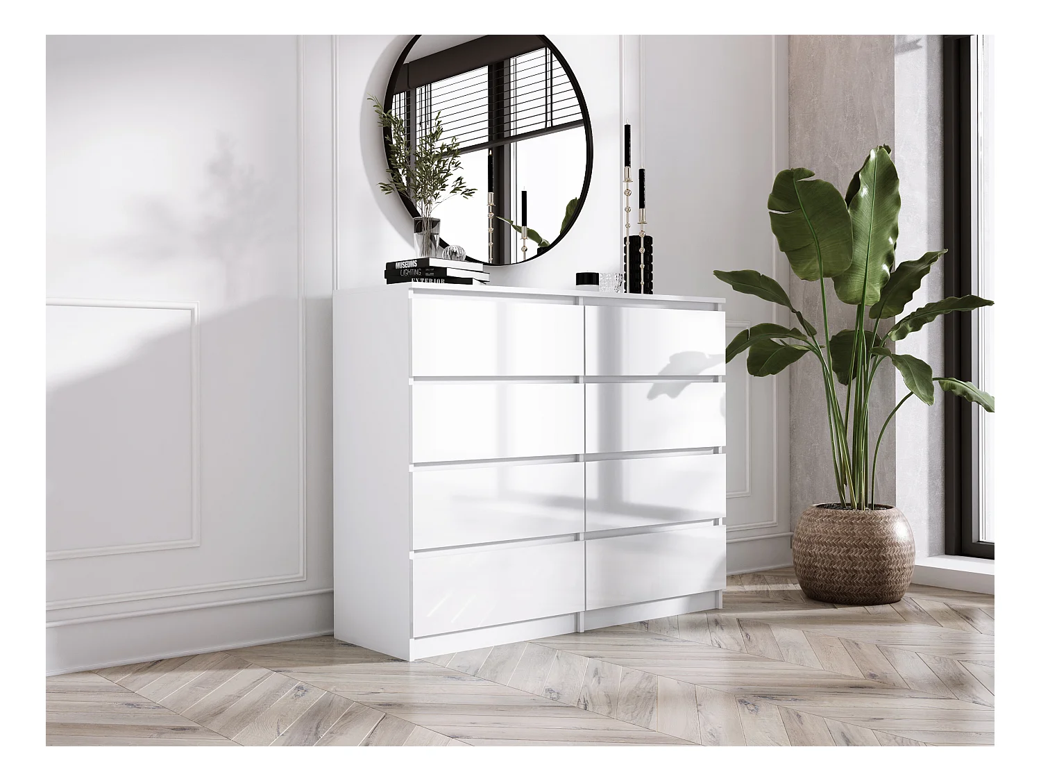 Cómoda de 8 cajones: Blanco mate / Blanco brillante, 138 x 101 x 39 cm