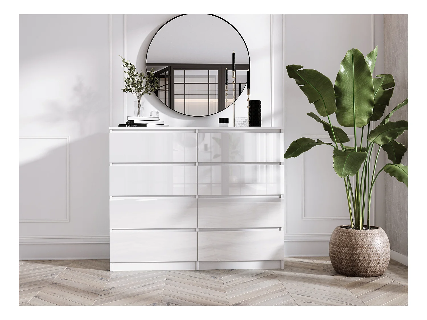 Cómoda de 8 cajones: Blanco mate / Blanco brillante, 138 x 101 x 39 cm