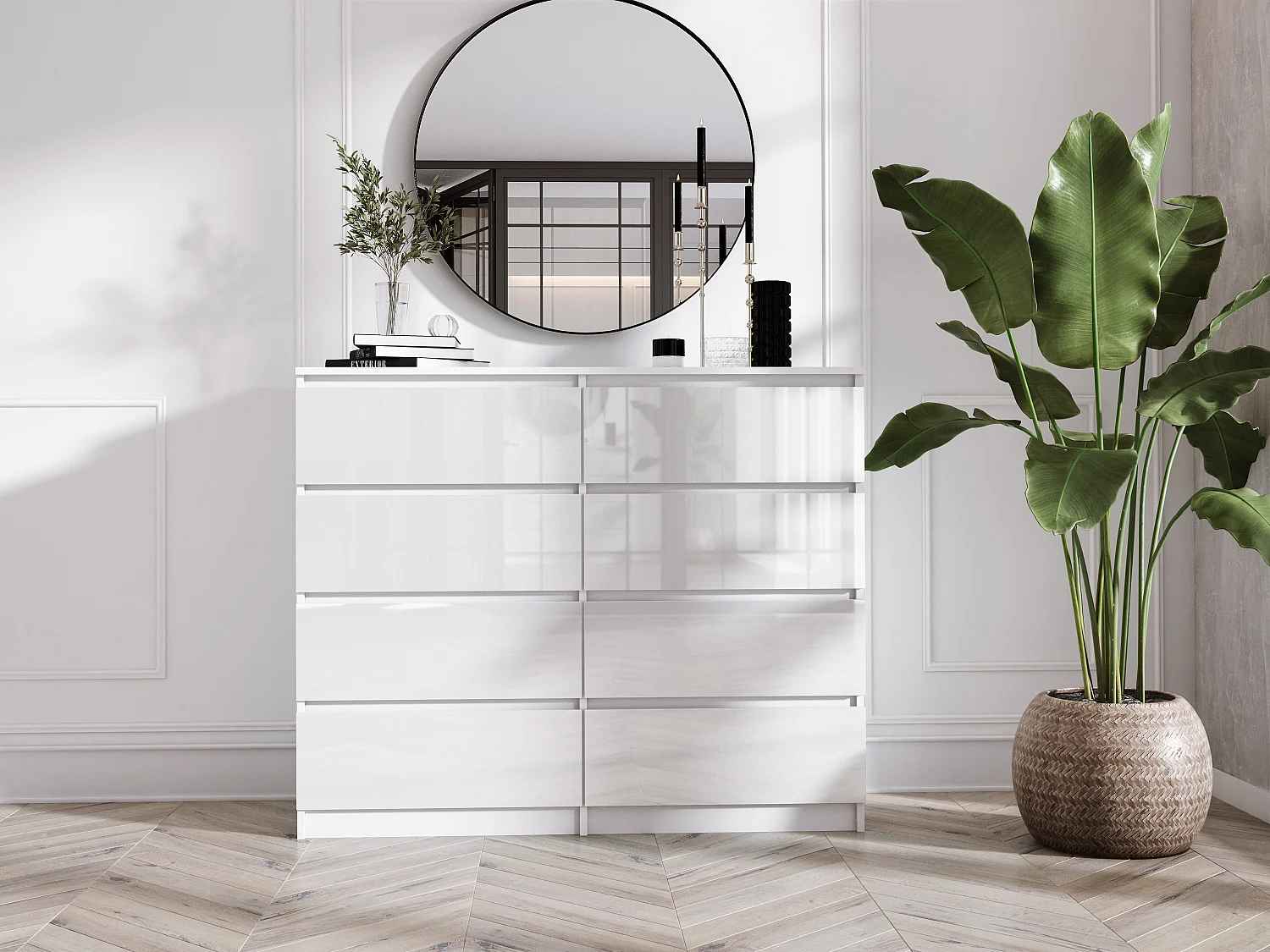 Commode 8 tiroirs : Blanc Mat / Blanc Brillant, 138 x 101 x 39 cm