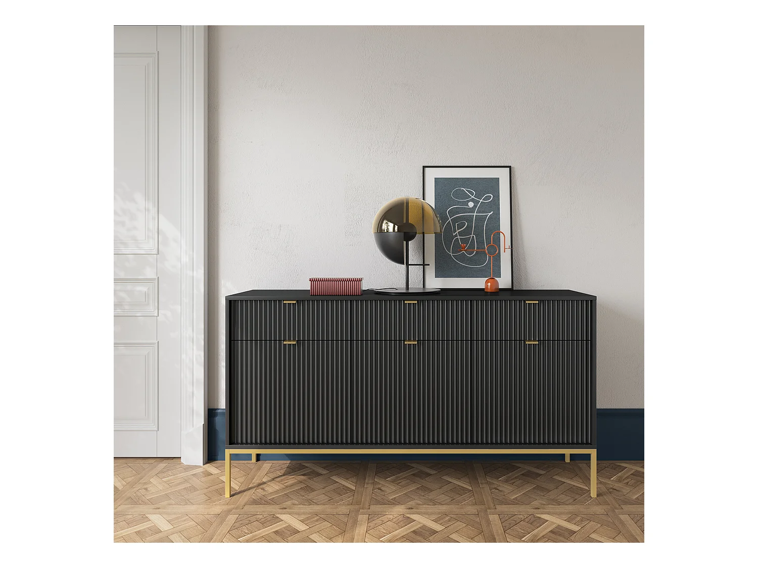 Commode : 3 Tiroirs, 3 Portes, Noir, or, 154 x 83 x 39 cm, poignées dorées