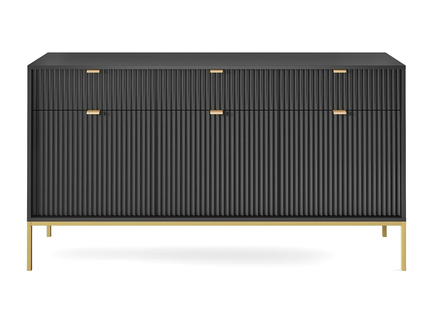 Commode : 3 Tiroirs, 3 Portes, Noir, or, 154 x 83 x 39 cm, poignées dorées