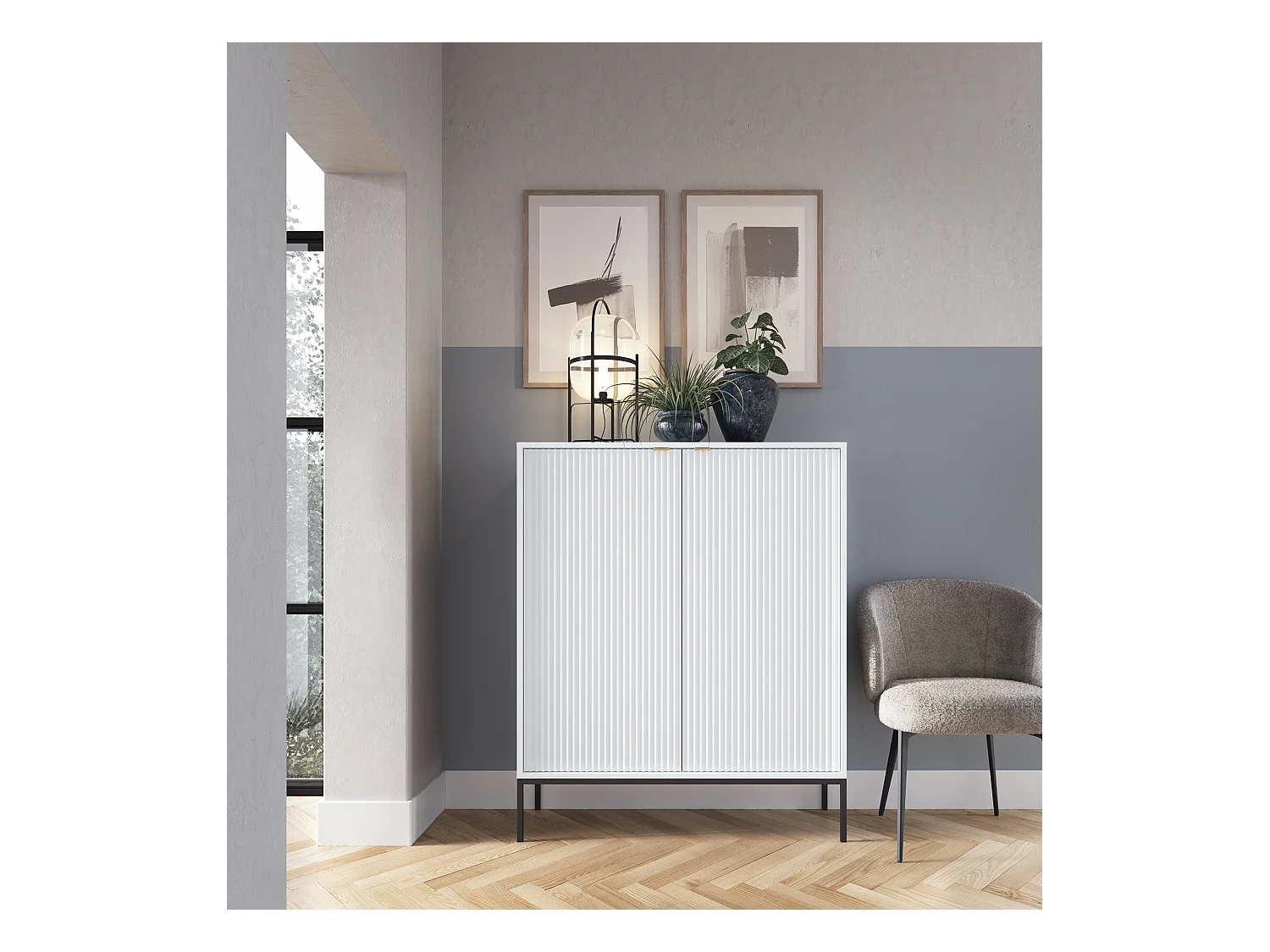 Cômoda: 2 Portas, Branco, Preto, 104 x 125 x 39 cm, puxadores dourados