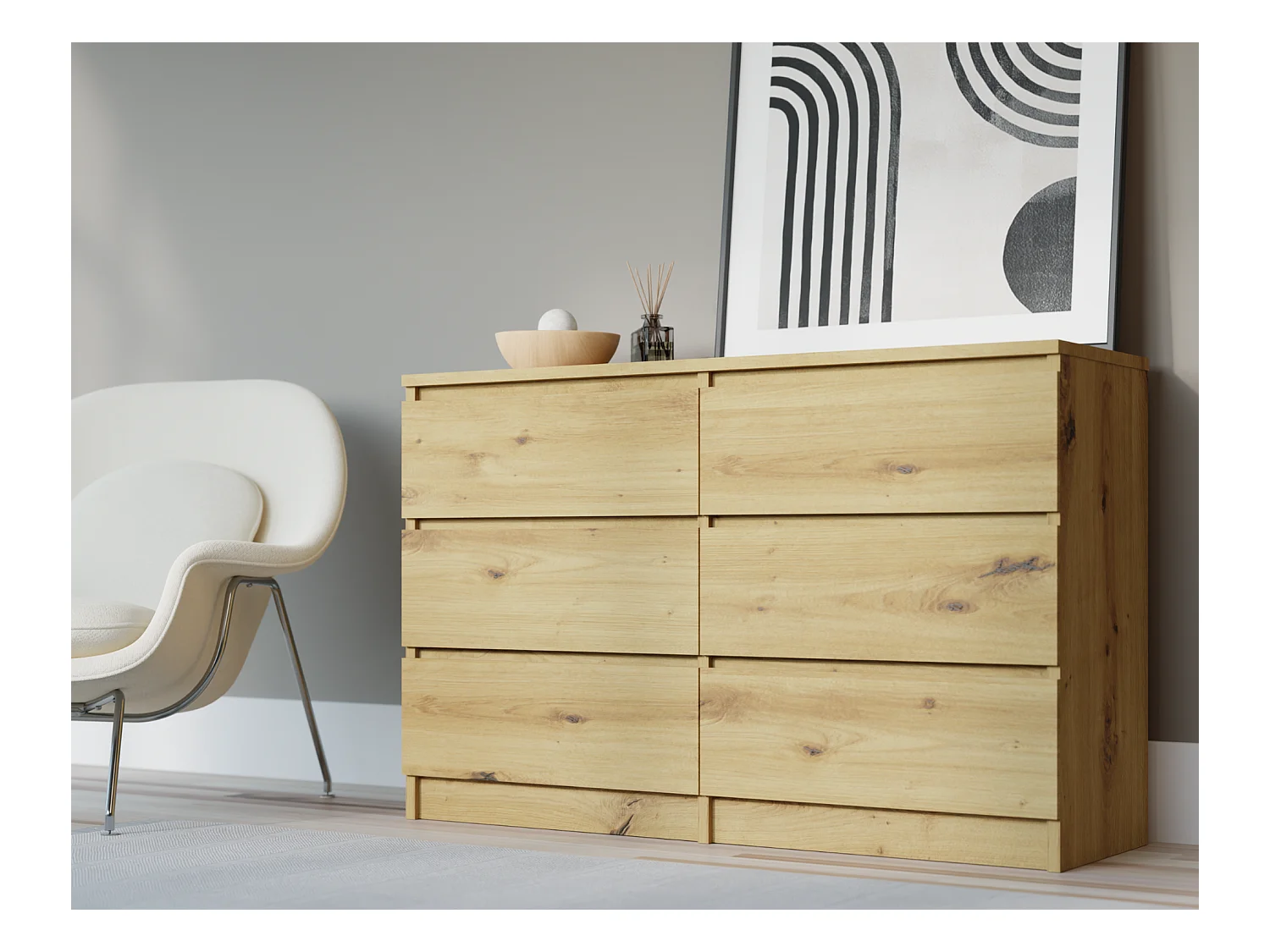 Commode 6 Tiroirs : Chêne Artisan, 120 x 39 x 79 cm