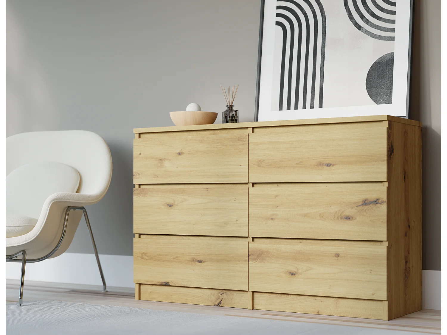 Commode 6 Tiroirs : Chêne Artisan, 120 x 39 x 79 cm