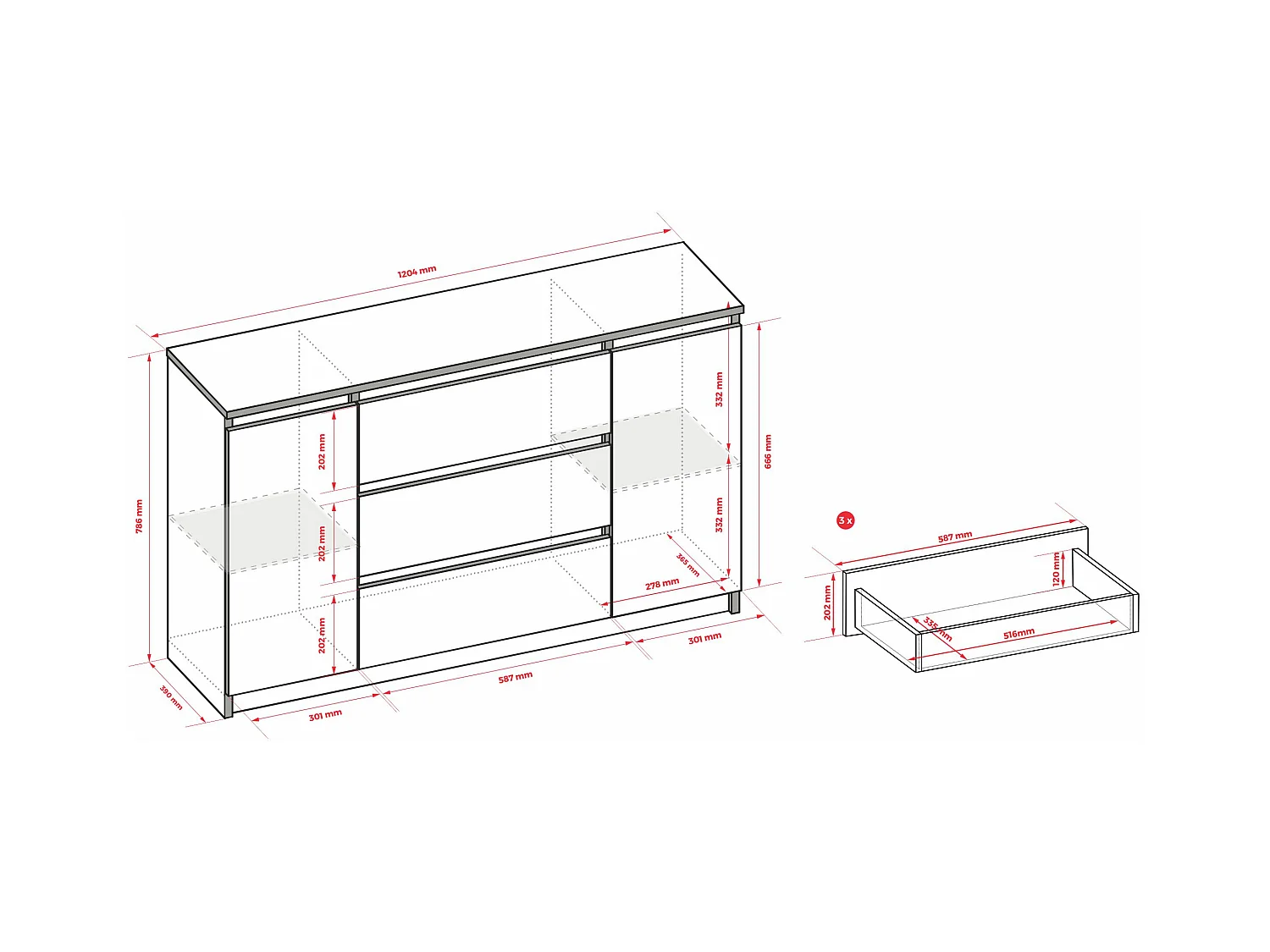 Commode : Blanc Mat / Blanc Brillant, 120 x 39 x 78 cm, 2 portes, 3 tiroirs