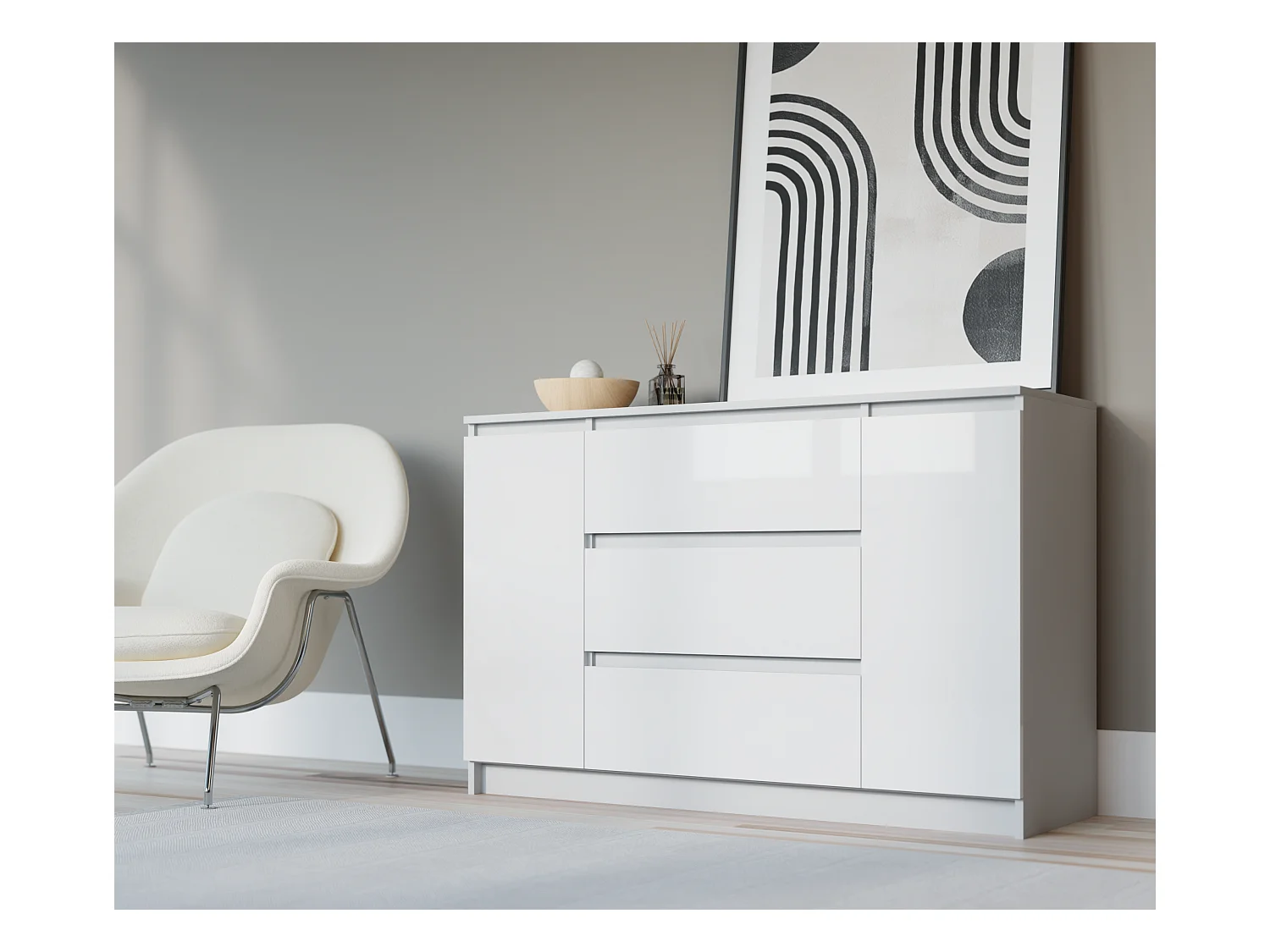Kommode: Mattweiß / Hochglanzweiß, 120 x 39 x 78 cm, 2 Türen, 3 Schubladen