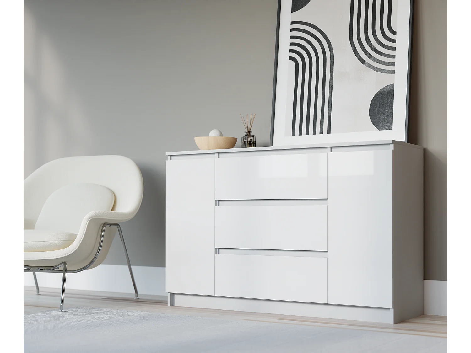 Komoda: Biała Matowa / Biała Błyszcząca, 120 x 39 x 78 cm, 2 drzwi, 3 szuflady