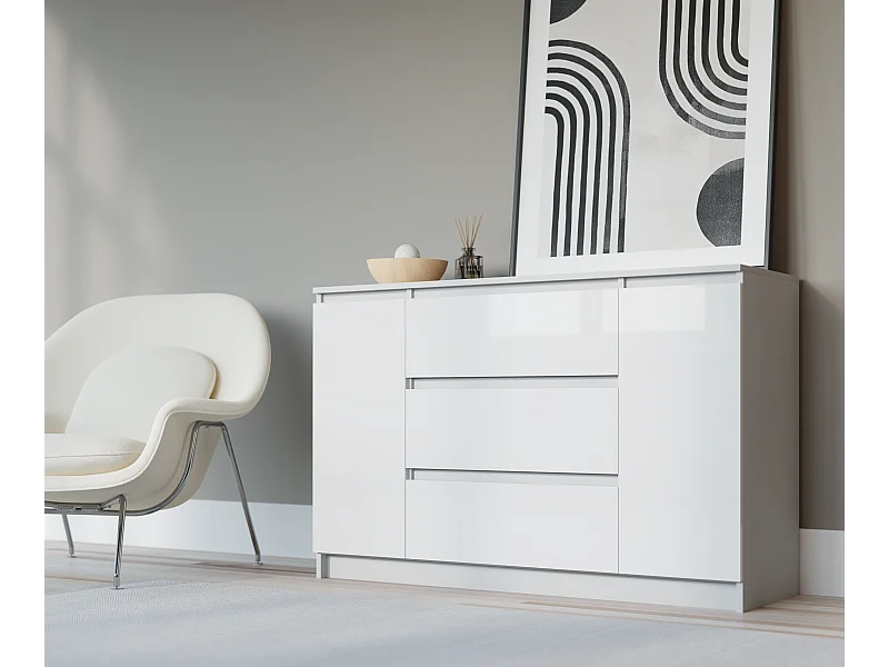 Ladekast: Mat Wit / Glanzend Wit, 120 x 39 x 78 cm, 2 deuren, 3 laden