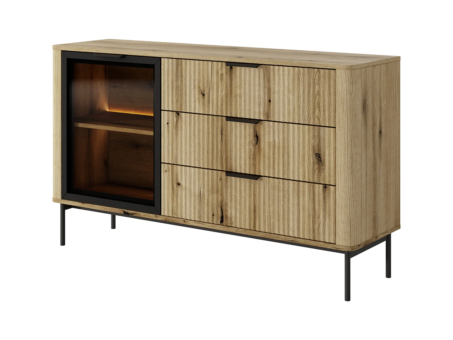 Ladekast: 3 laden, 1 deur, Evoque eiken, zwarte poten, LED-verlichting, 81,2 x 138,2 x 38 cm