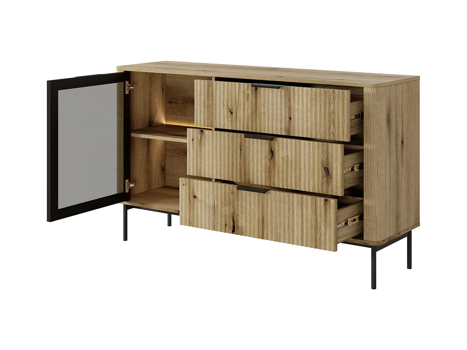 Ladekast: 3 laden, 1 deur, Evoque eiken, zwarte poten, LED-verlichting, 81,2 x 138,2 x 38 cm