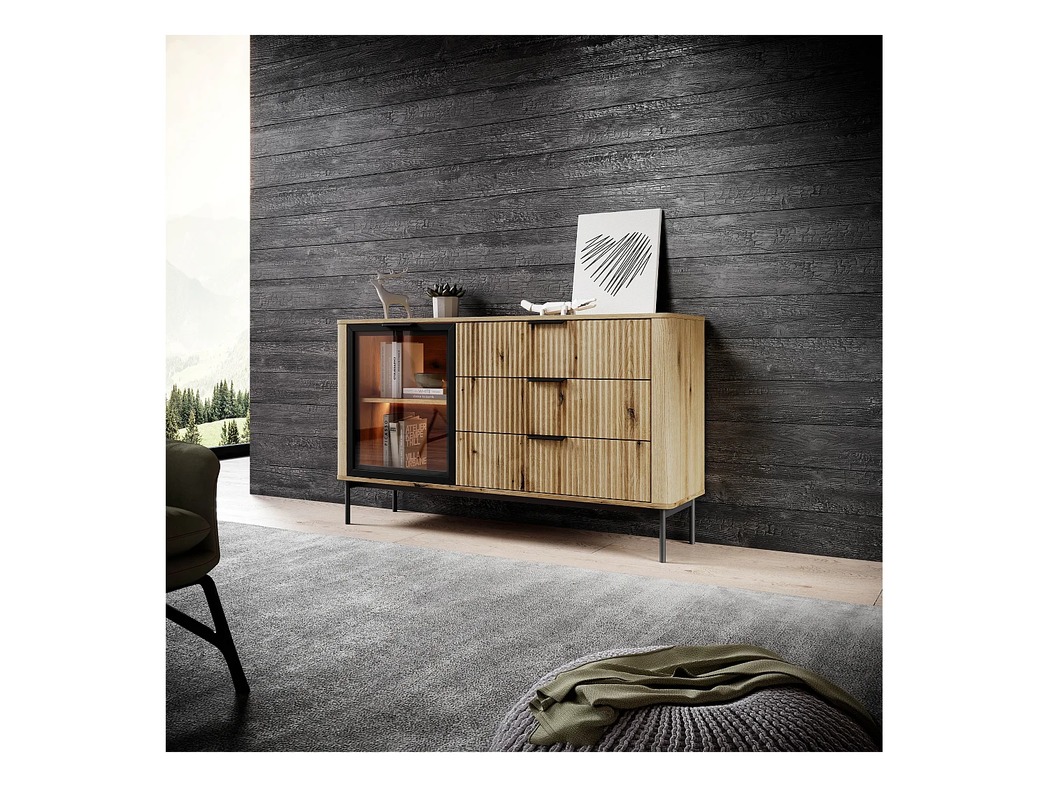 Ladekast: 3 laden, 1 deur, Evoque eiken, zwarte poten, LED-verlichting, 81,2 x 138,2 x 38 cm