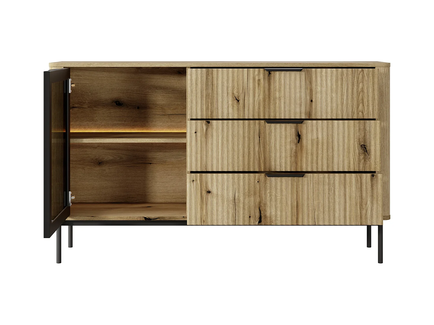 Kommode: 3 Schubladen, 1 Tür, Evoque-Eiche, schwarze Füße, LED-Beleuchtung, 81,2 x 138,2 x 38 cm