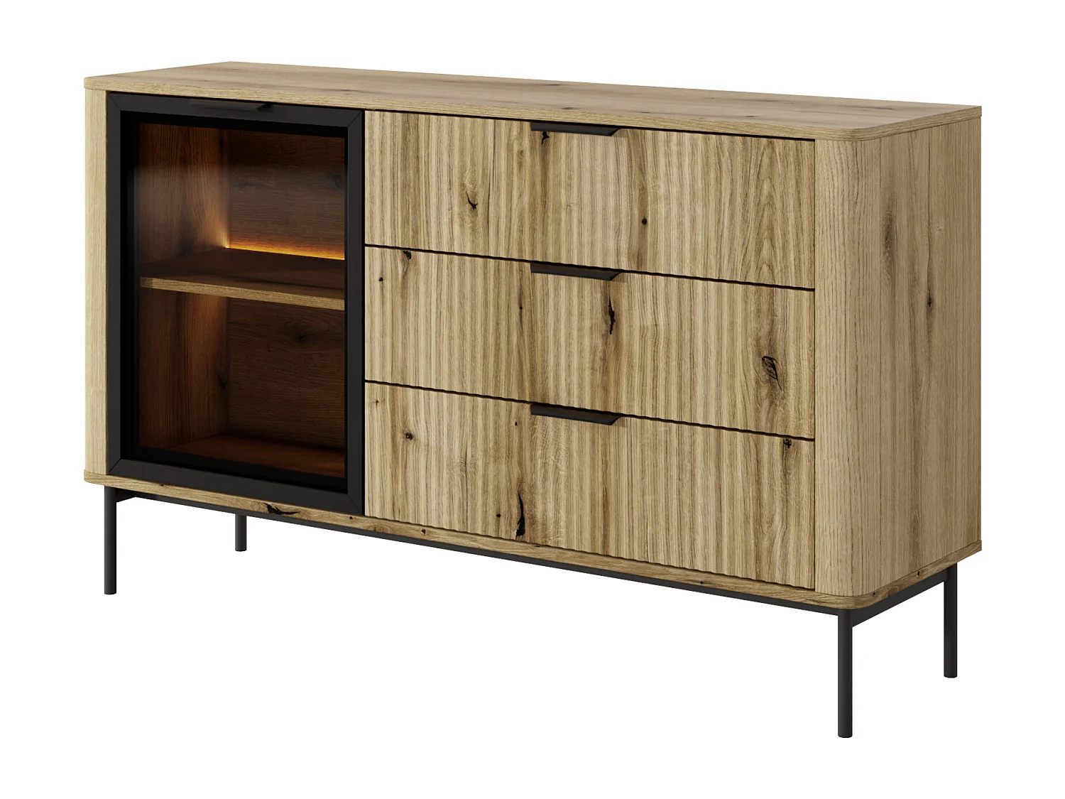 Commode : 3 Tiroirs, 1 Porte, Chêne Évoque, Pieds Noirs, Éclairage LED, 81,2 X 138,2 X 38 Cm