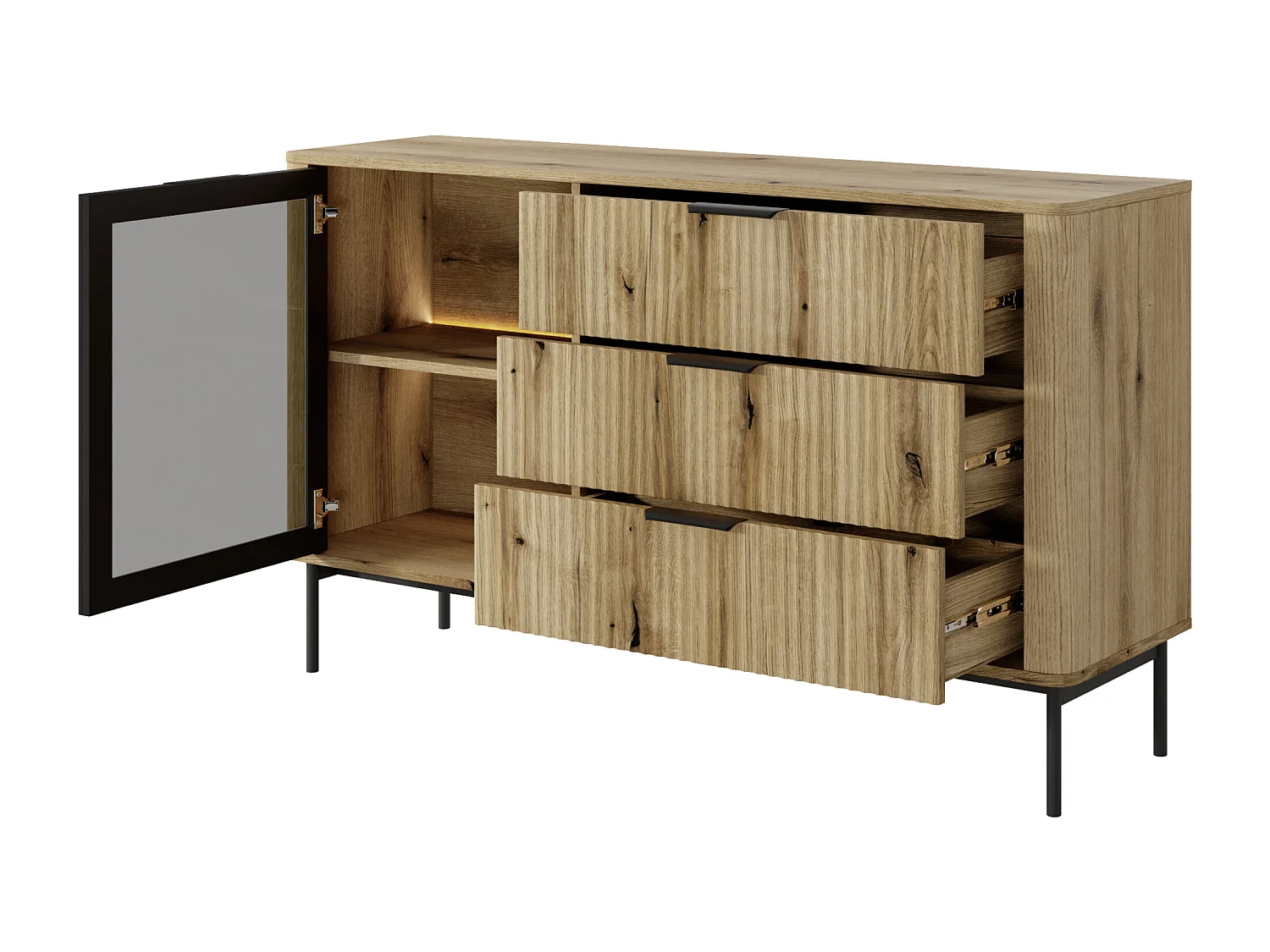 Commode : 3 Tiroirs, 1 Porte, Chêne Évoque, Pieds Noirs, Éclairage LED, 81,2 X 138,2 X 38 Cm