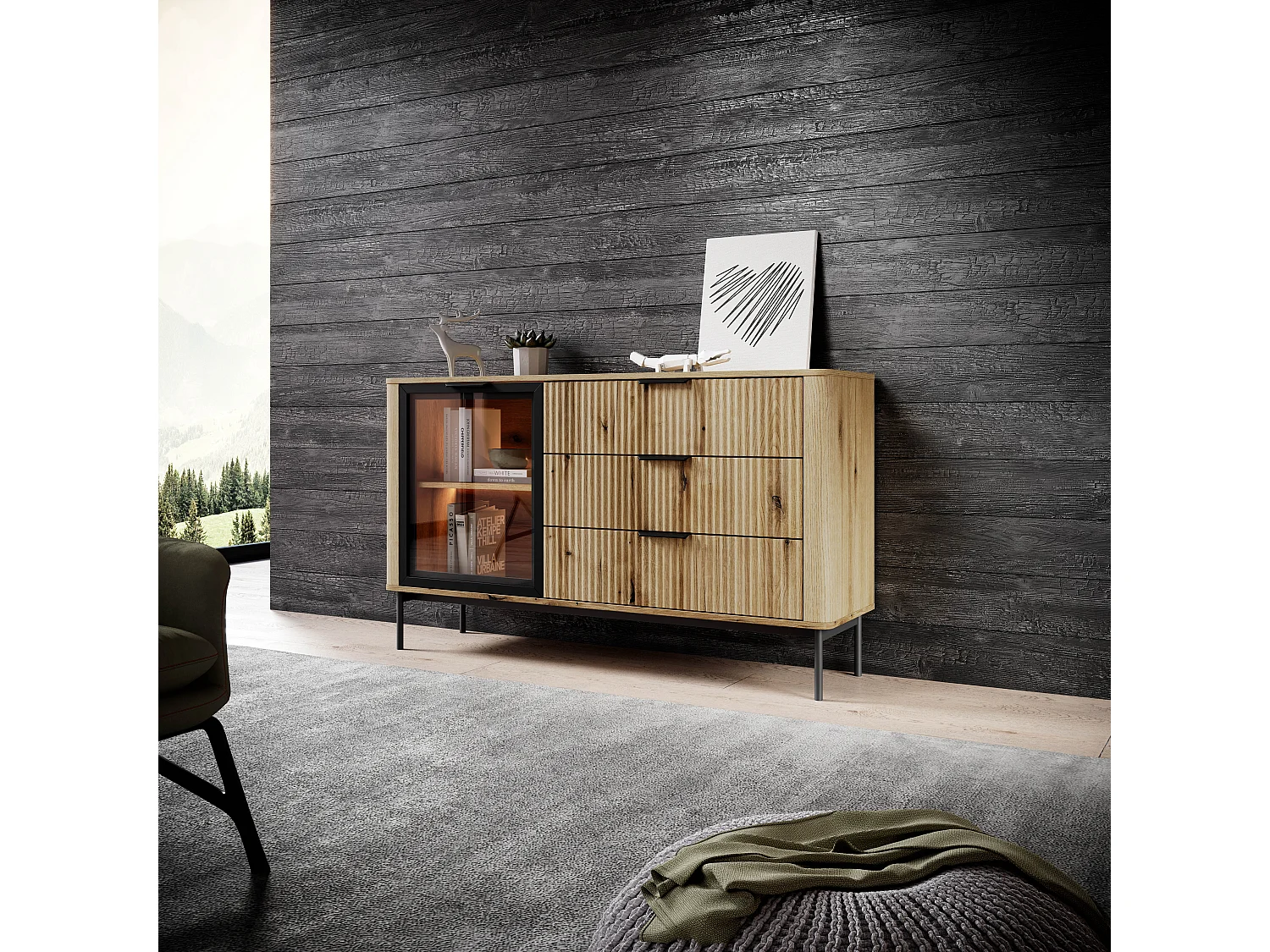 Commode : 3 Tiroirs, 1 Porte, Chêne Évoque, Pieds Noirs, Éclairage LED, 81,2 X 138,2 X 38 Cm