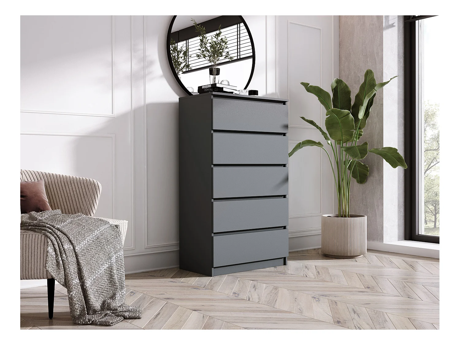Commode 5 Tiroirs, Anthracite, 70 x 39 x 125 cm