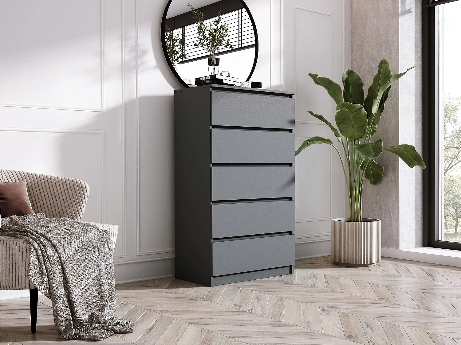 Commode 5 Tiroirs, Anthracite, 70 x 39 x 125 cm