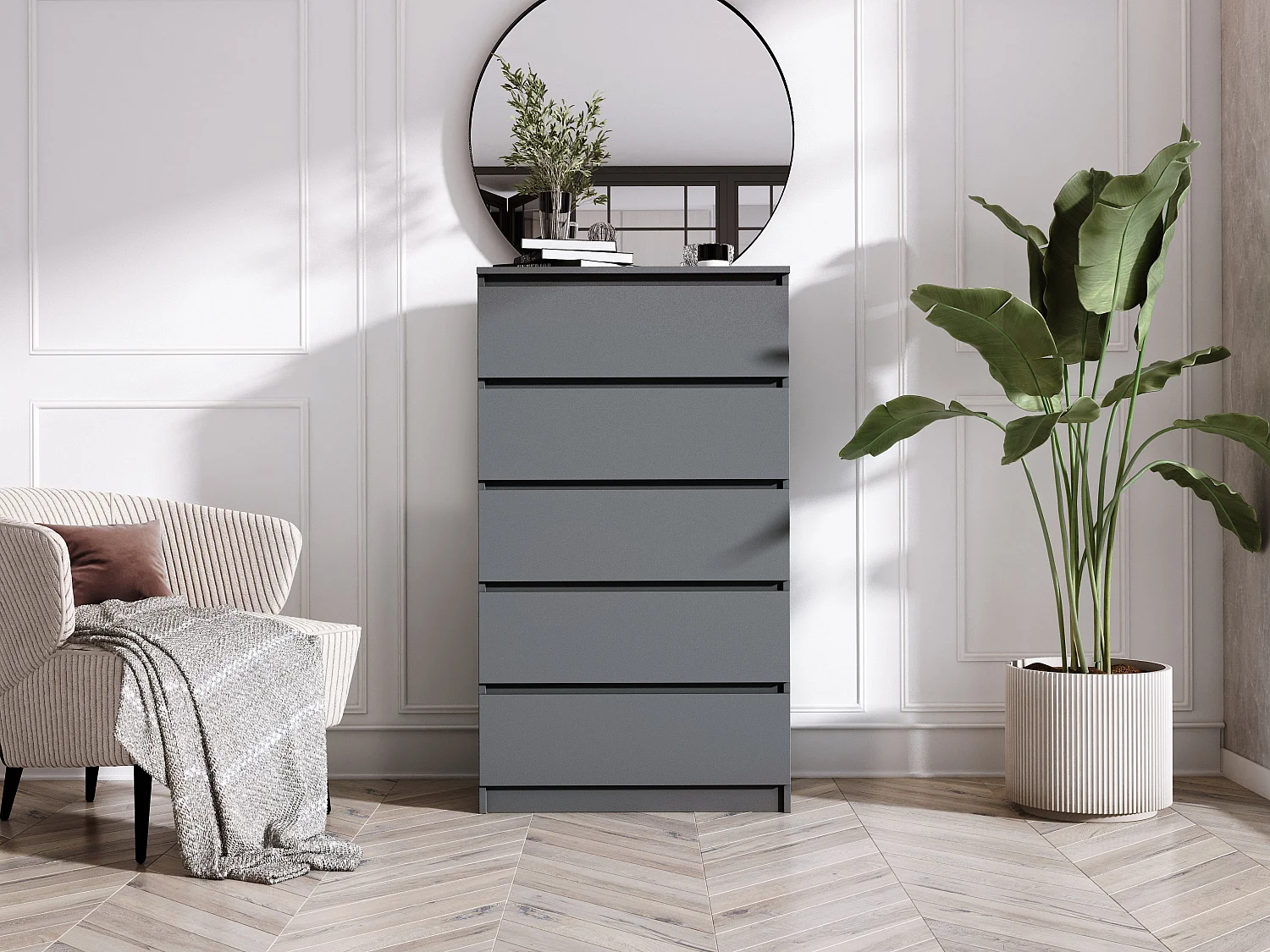 Commode 5 Tiroirs, Anthracite, 70 x 39 x 125 cm