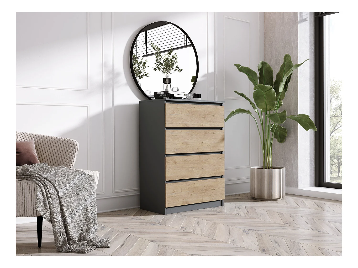 Commode 4 Tiroirs : Anthracite / Chêne Lancelot, 70 x 39 x 101 cm