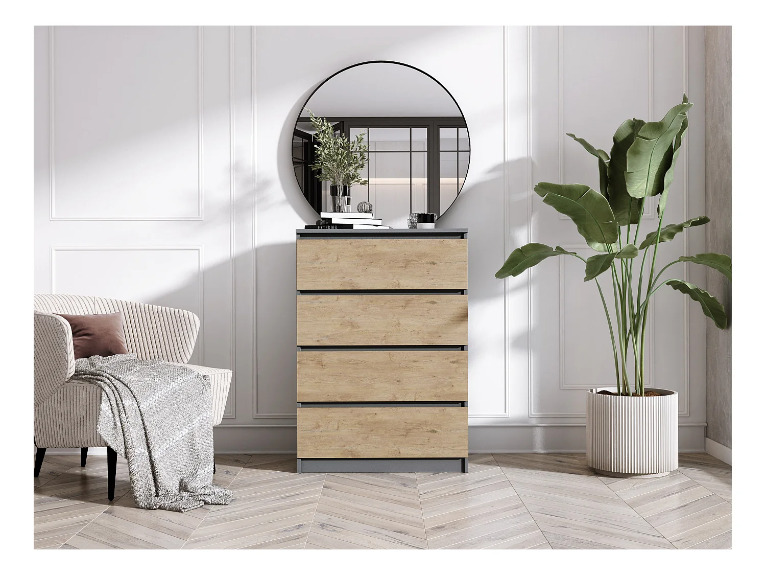 Commode 4 Tiroirs : Anthracite / Chêne Lancelot, 70 x 39 x 101 cm