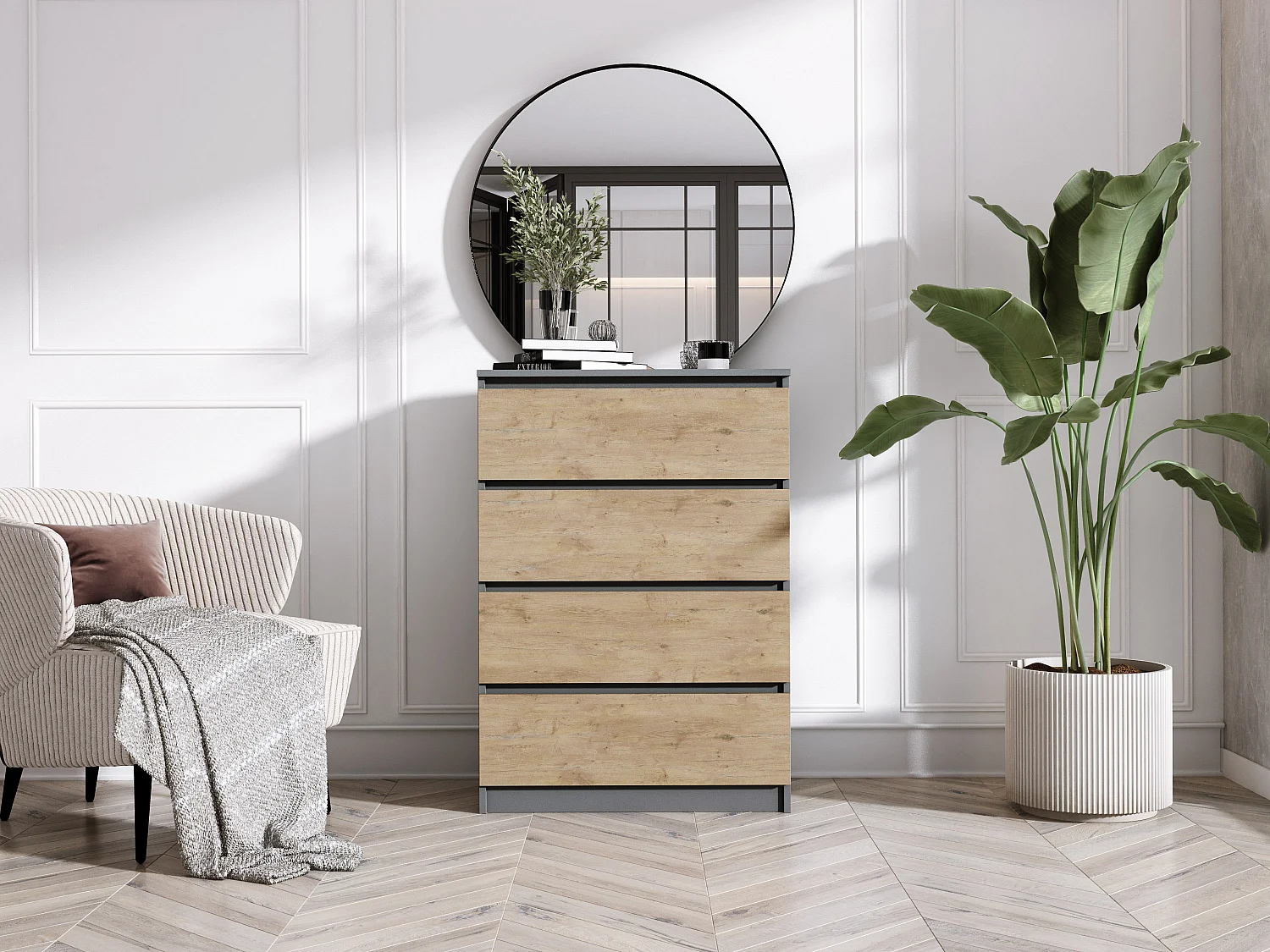 Commode 4 Tiroirs : Anthracite / Chêne Lancelot, 70 x 39 x 101 cm