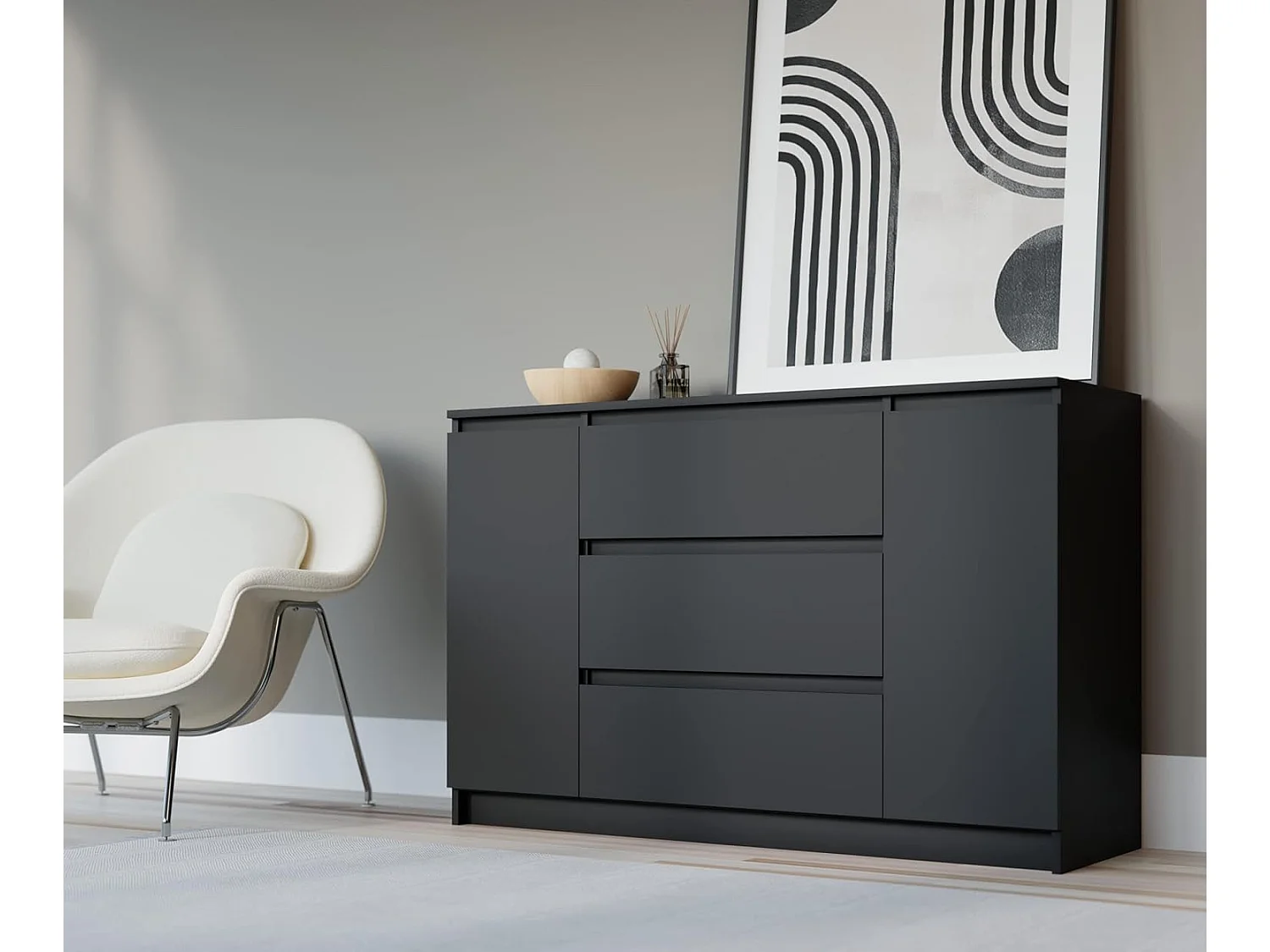 Ladekast: Mat Zwart, 120 x 39 x 78 cm, 2 deuren, 3 laden