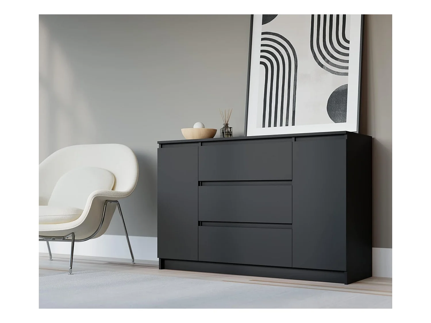 Commode : Noir Mat, 120 x 39 x 78 cm, 2 portes, 3 tiroirs
