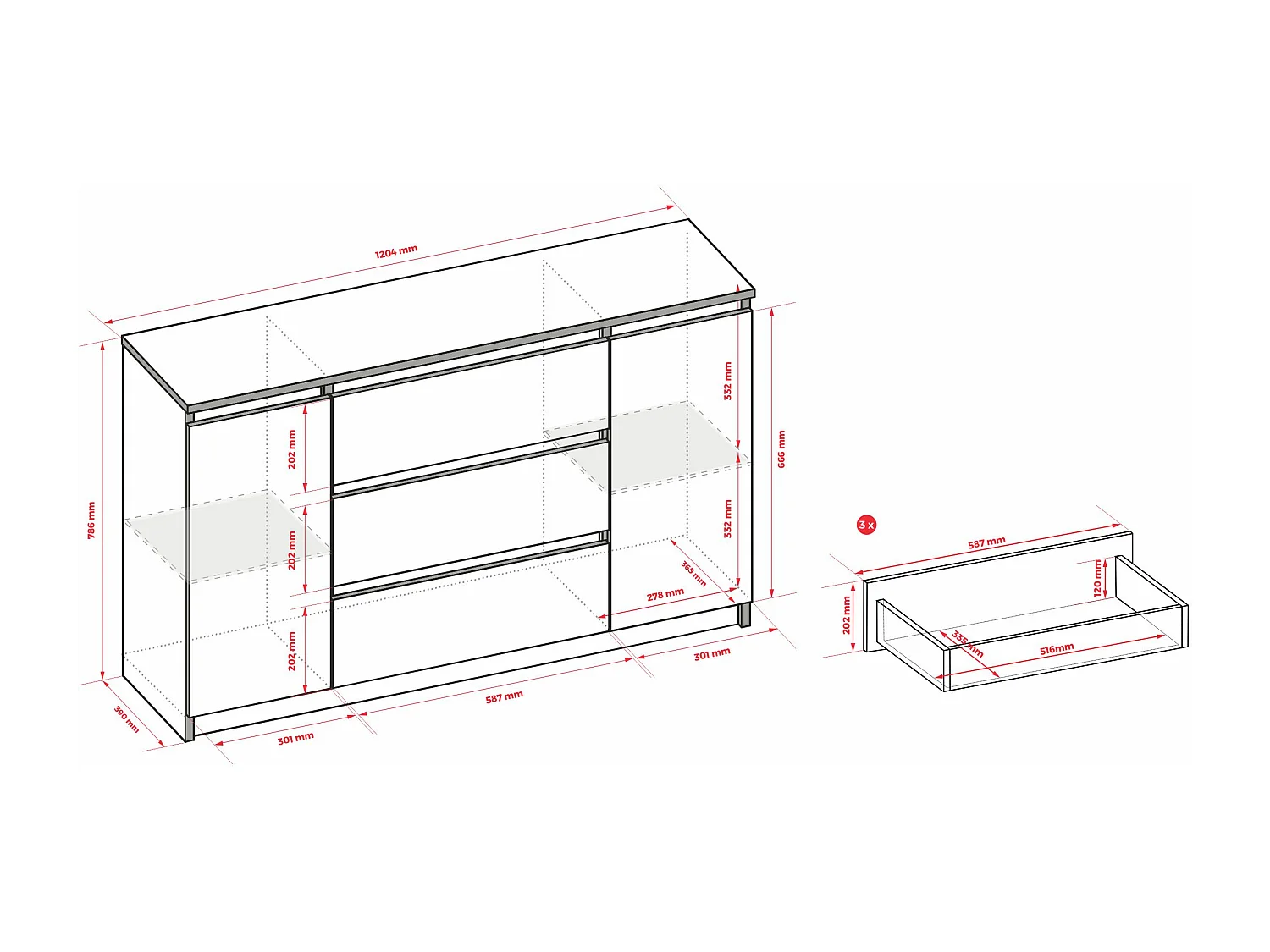 Cómoda: Negro mate, 120 x 39 x 78 cm, 2 puertas, 3 cajones