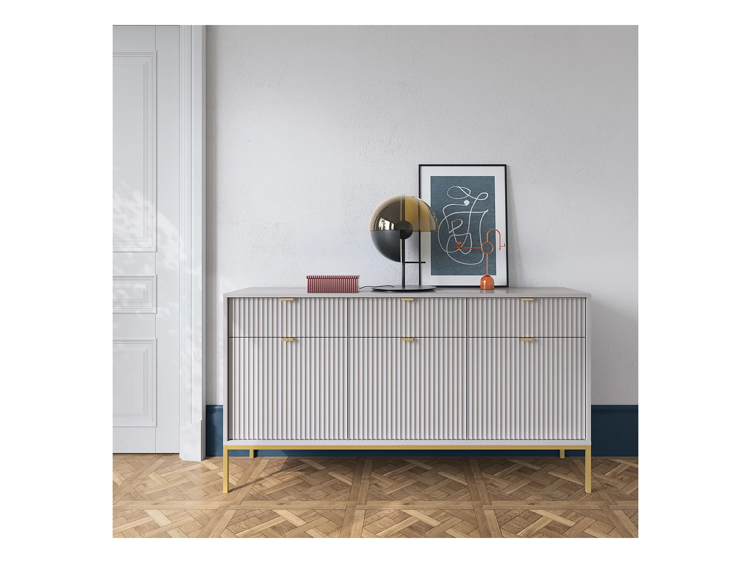 Komoda: 3 szuflady, 3 drzwi, szary, złoty, 154 x 83 x 39 cm, złote uchwyty