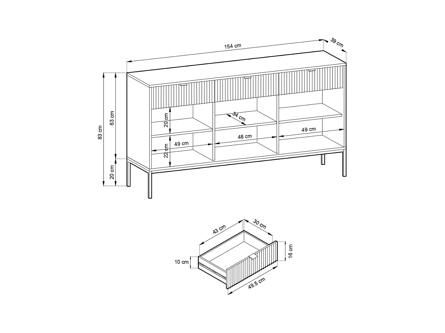 Komoda: 3 szuflady, 3 drzwi, szary, złoty, 154 x 83 x 39 cm, złote uchwyty