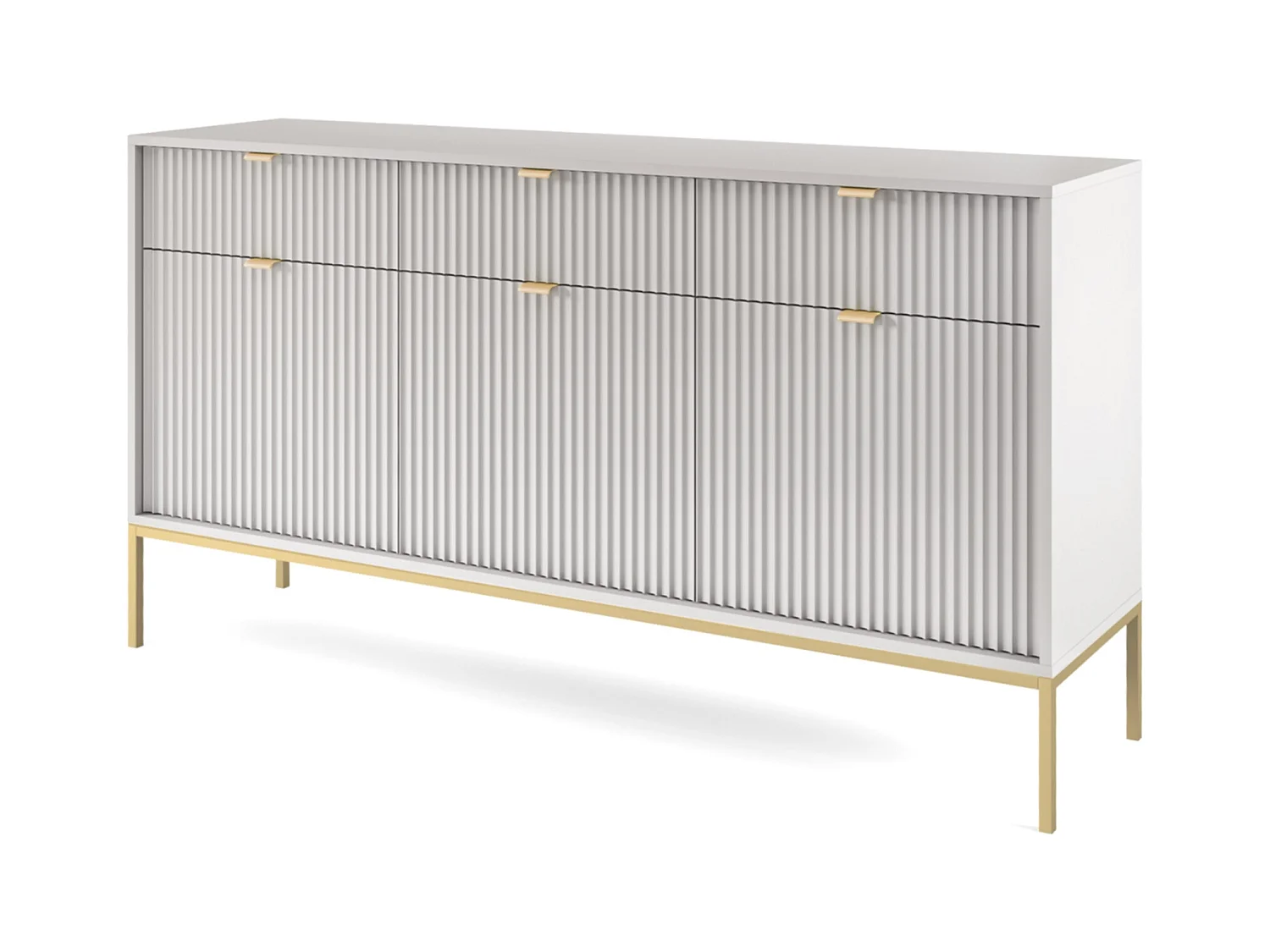 Commode : 3 Tiroirs, 3 Portes, Gris, or, 154 x 83 x 39 cm, poignées dorées