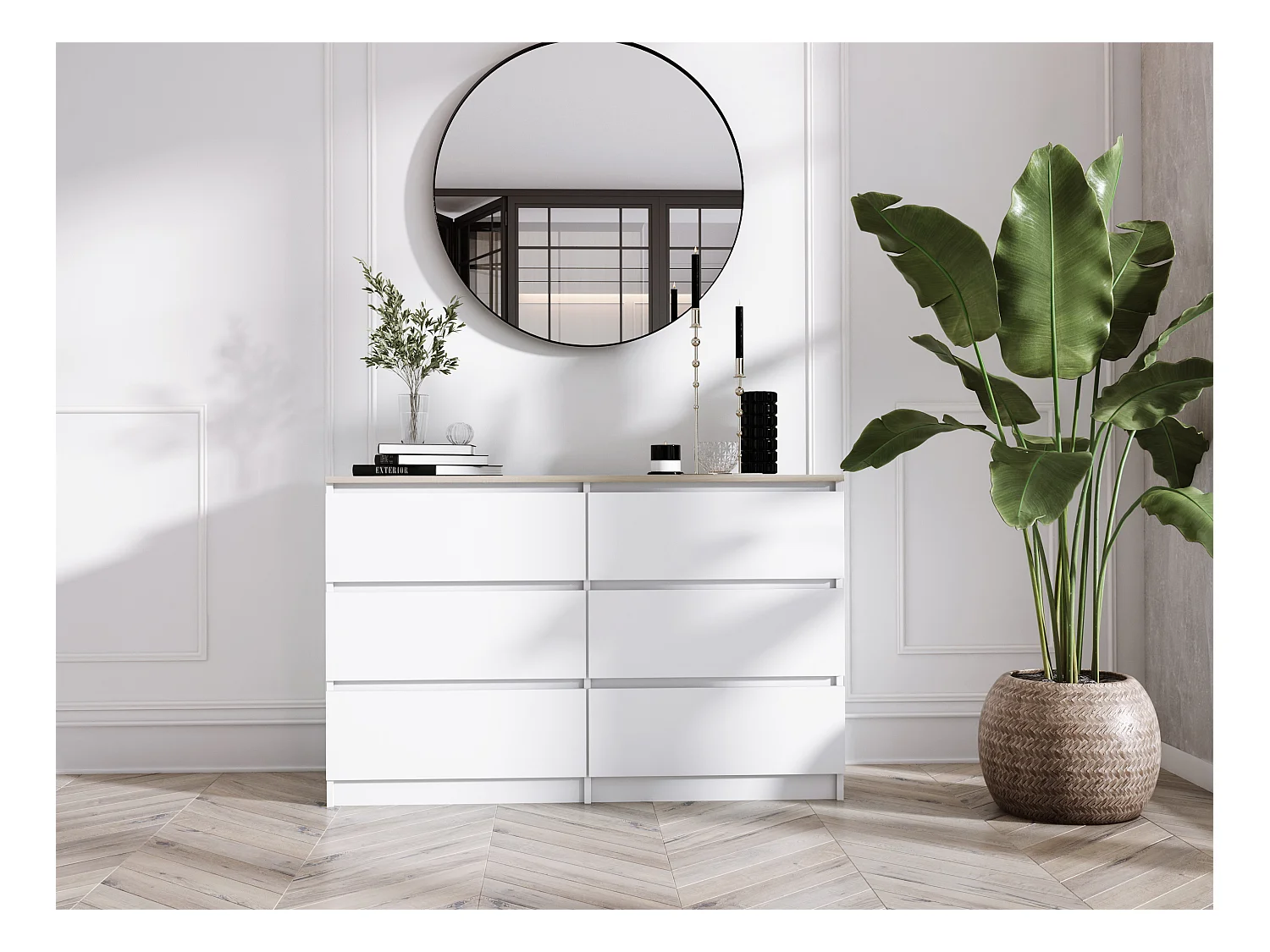 Cômoda com 6 gavetas: Branco Mate / Carvalho Sonoma TOP, 120 x 39 x 79 cm