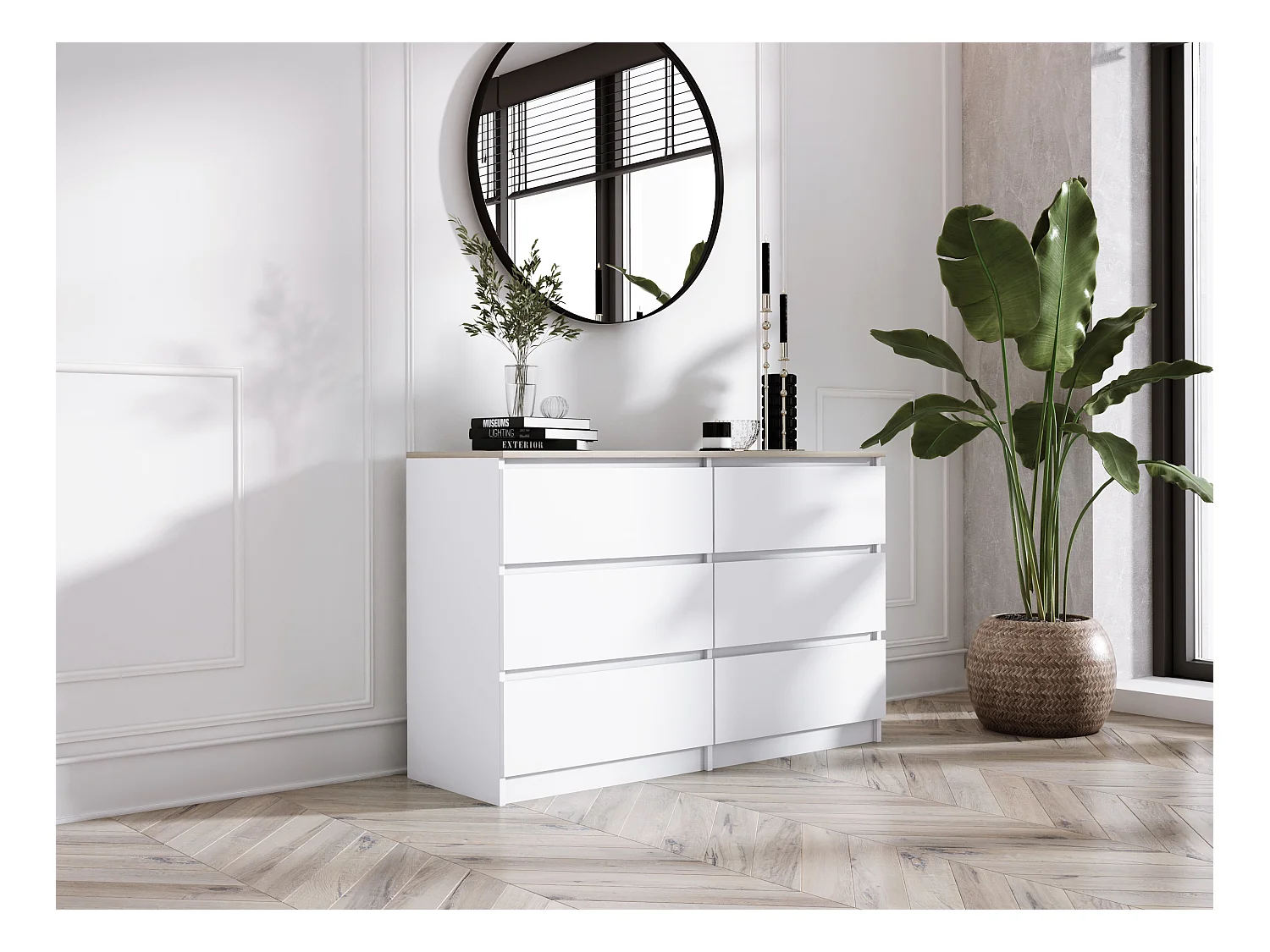 Commode 6 Tiroirs : Blanc Mat / Chêne Sonoma TOP, 120 x 39 x 79 cm