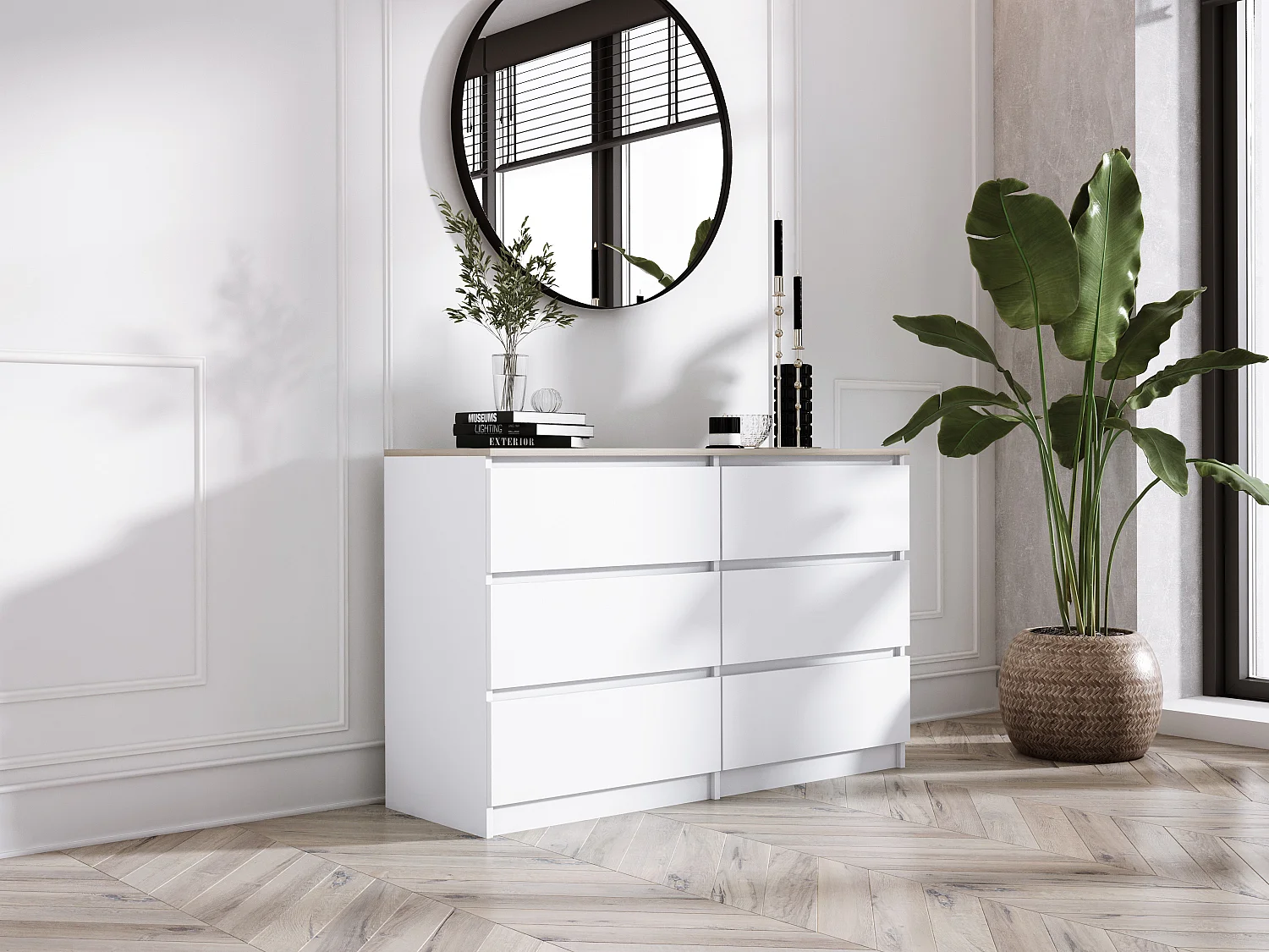 Commode 6 Tiroirs : Blanc Mat / Chêne Sonoma TOP, 120 x 39 x 79 cm