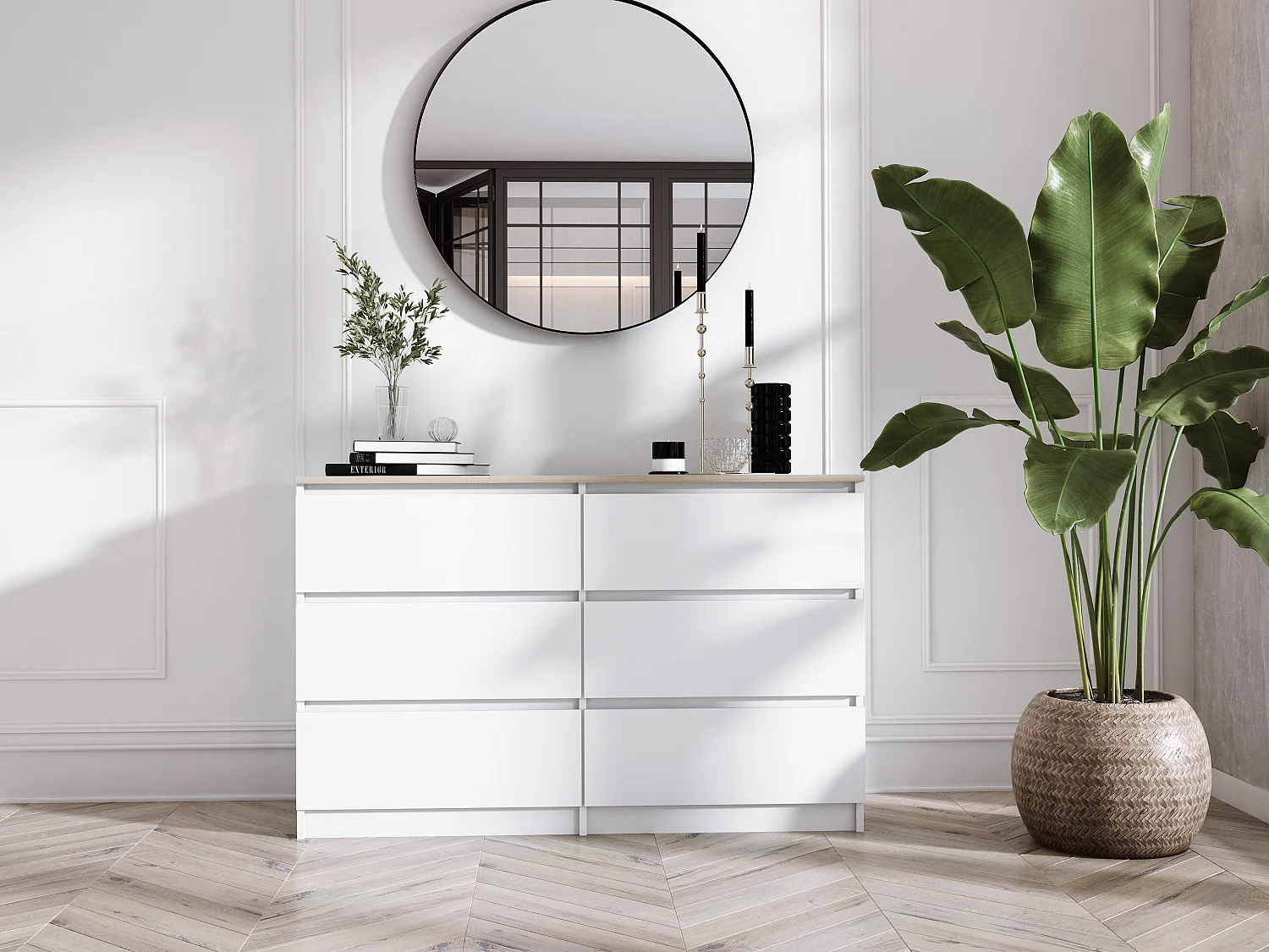 Commode 6 Tiroirs : Blanc Mat / Chêne Sonoma TOP, 120 x 39 x 79 cm