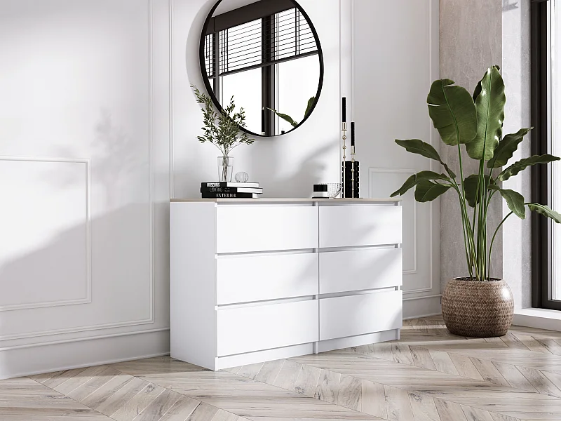 Commode 6 Tiroirs : Blanc Mat / Chêne Sonoma TOP, 120 x 39 x 79 cm