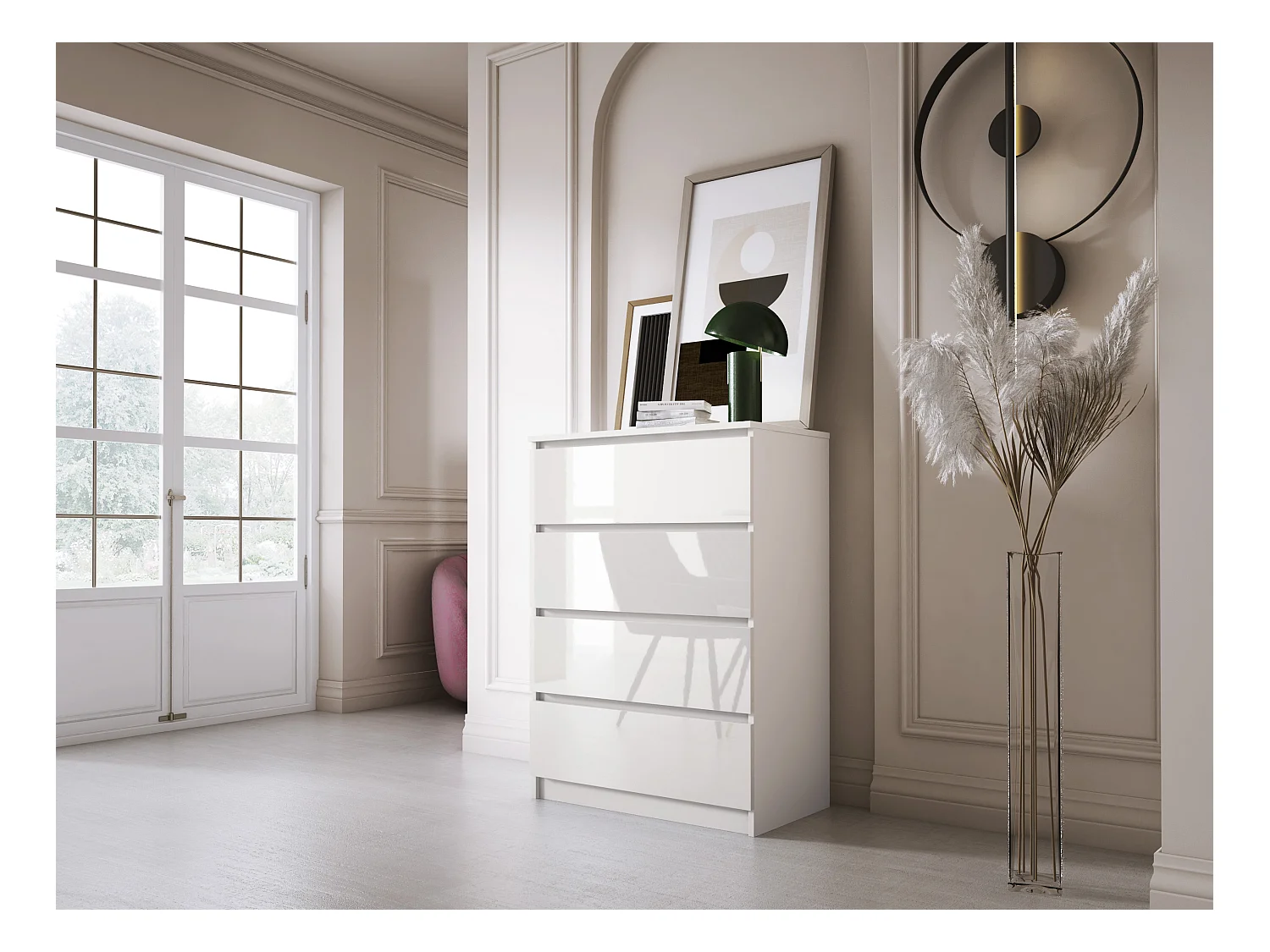 Commode 4 Tiroirs : Blanc Mat / Blanc Brillant, 70 x 39 x 101 cm