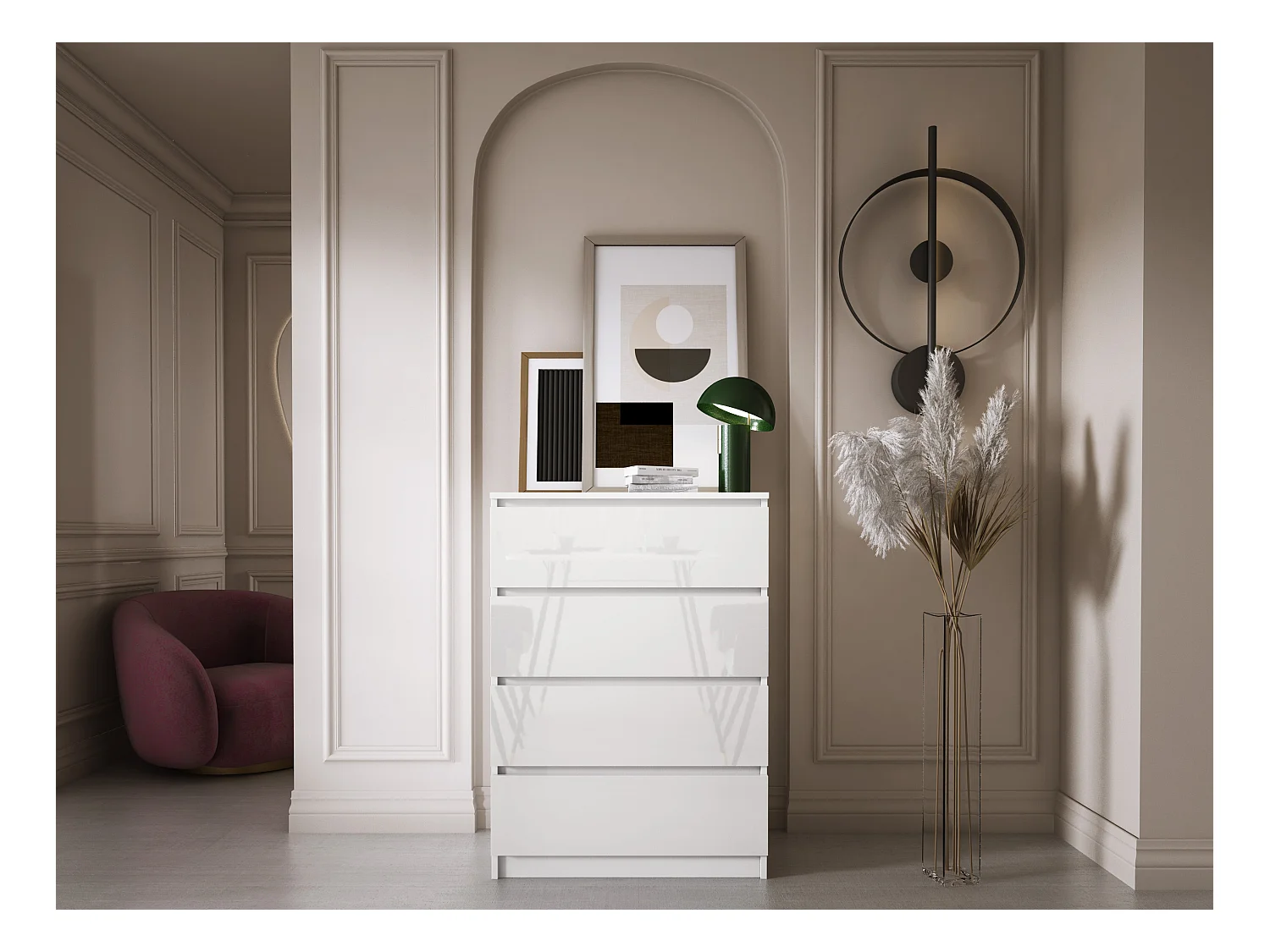 Commode 4 Tiroirs : Blanc Mat / Blanc Brillant, 70 x 39 x 101 cm